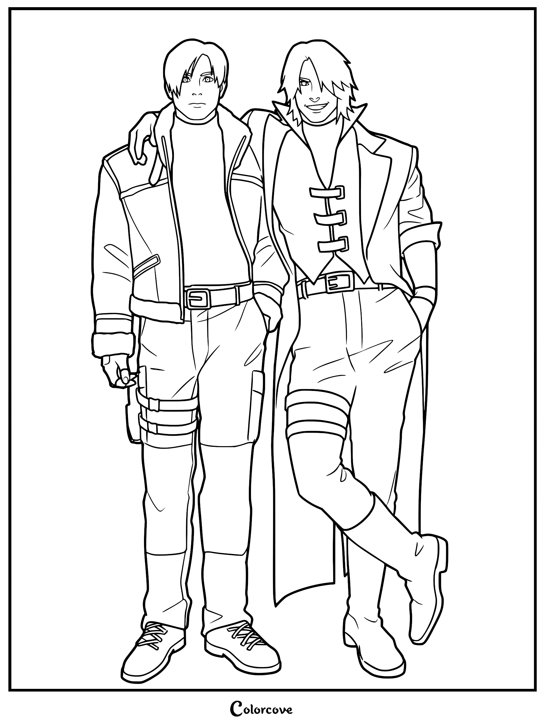 A printable coloring page featuring Dante from Devil May Cry and Leon S. Kennedy standing side-by-side with Dante's arm around Leon's shoulder, rendered in clean black and white line art.