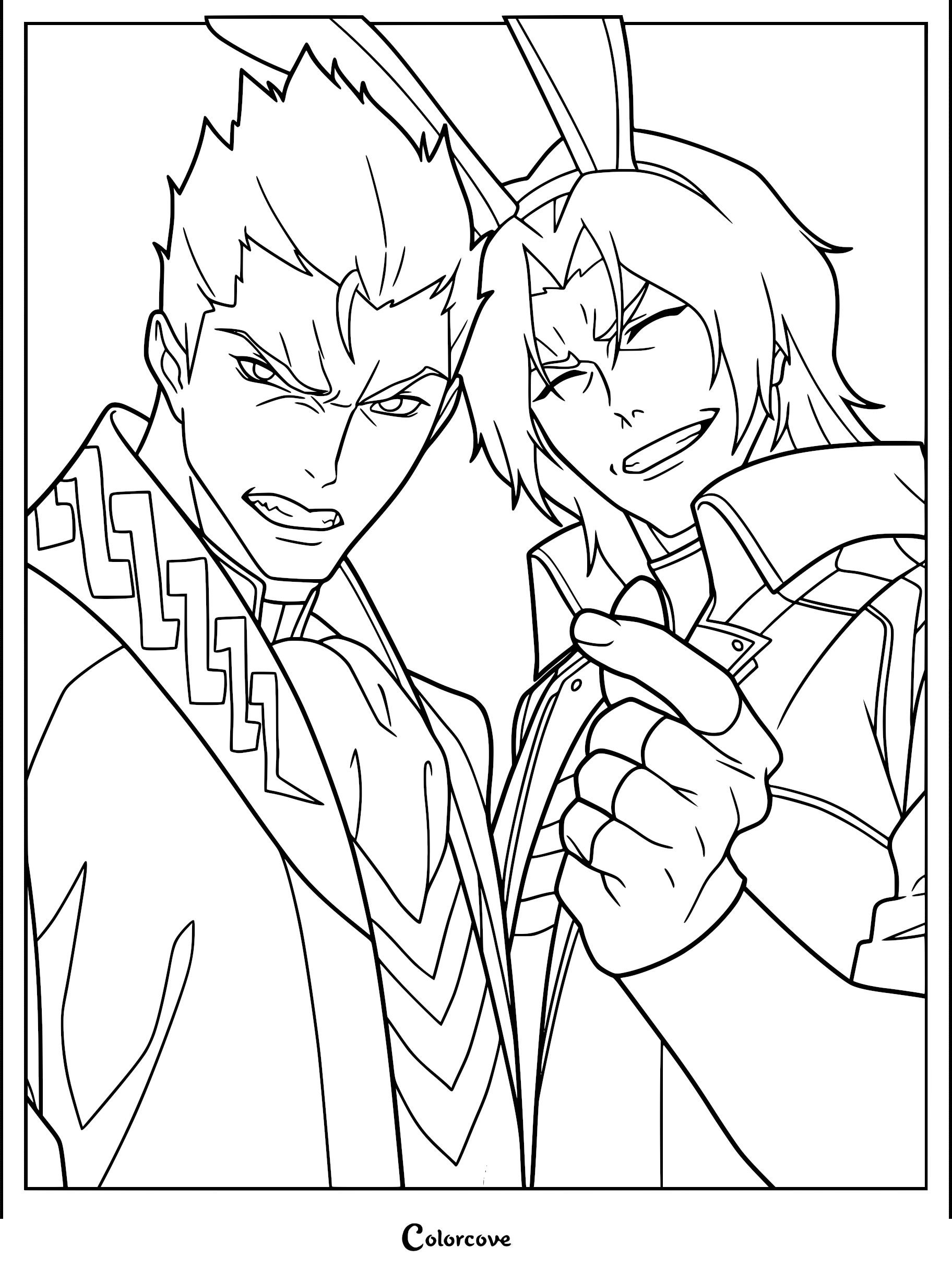 Dante and Vergil from Devil May Cry in a close-up line art coloring page, featuring Dante pointing forward with a smirk while Vergil looks intense in his formal attire.
