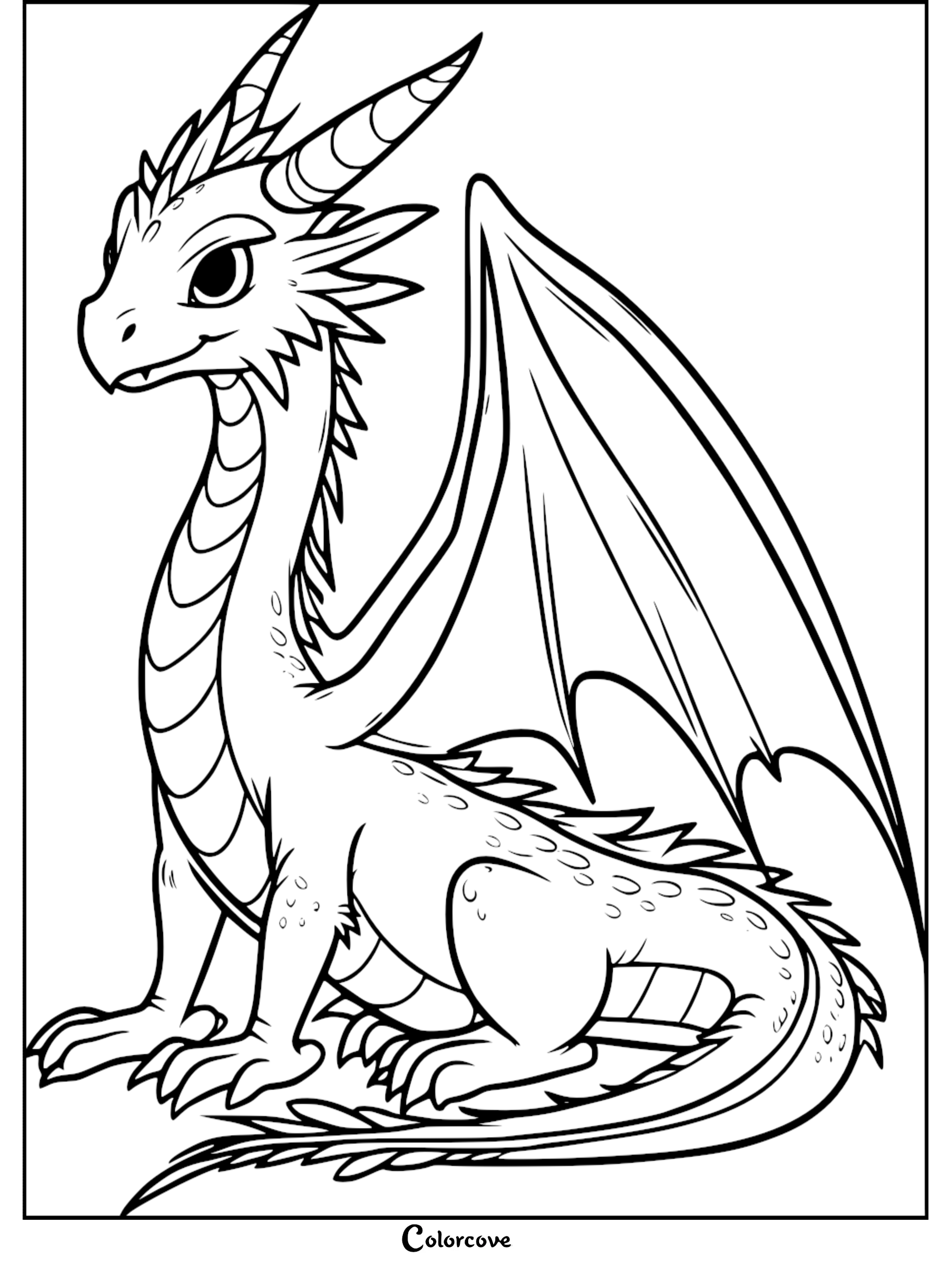 A detailed dragon coloring page featuring a small dragon with large wings and horns sitting in a resting pose.