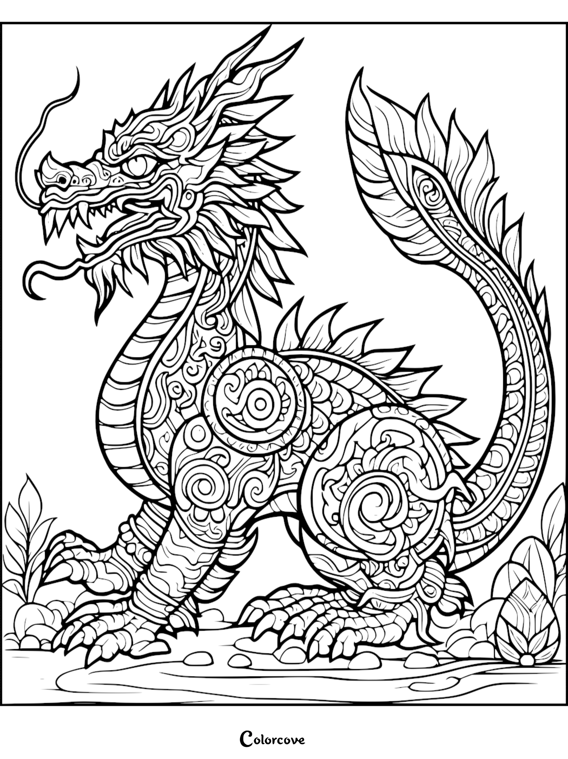 Intricate Eastern dragon coloring page featuring ornate swirling patterns and a long curved tail.