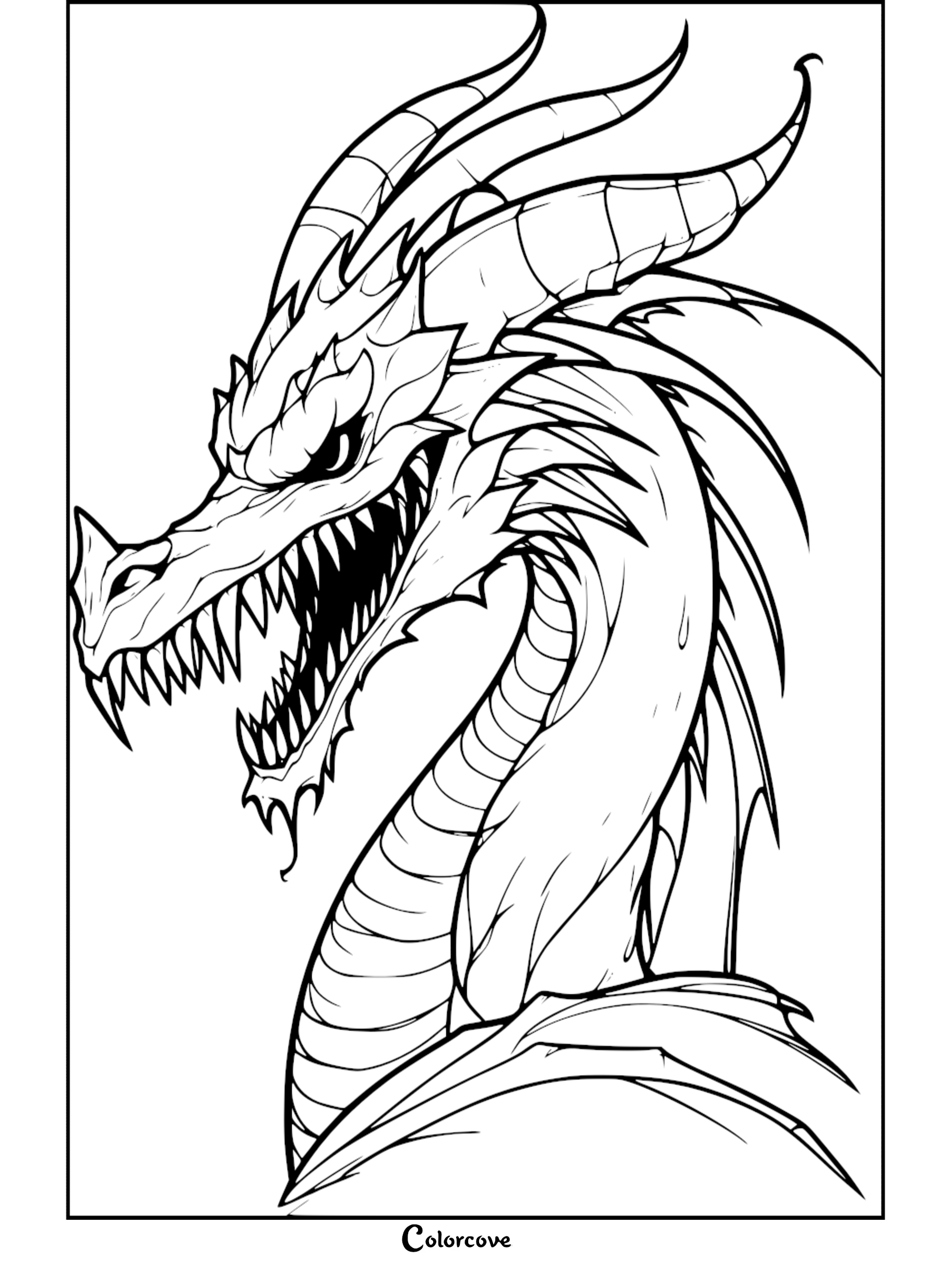 A detailed dragon coloring page featuring a fierce dragon head with sharp teeth and large horns.