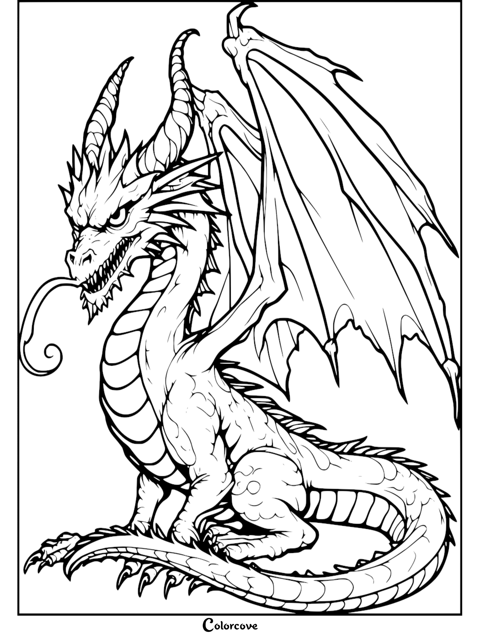 A fierce dragon with large horns and wings sticking its tongue out in this detailed free printable coloring page.
