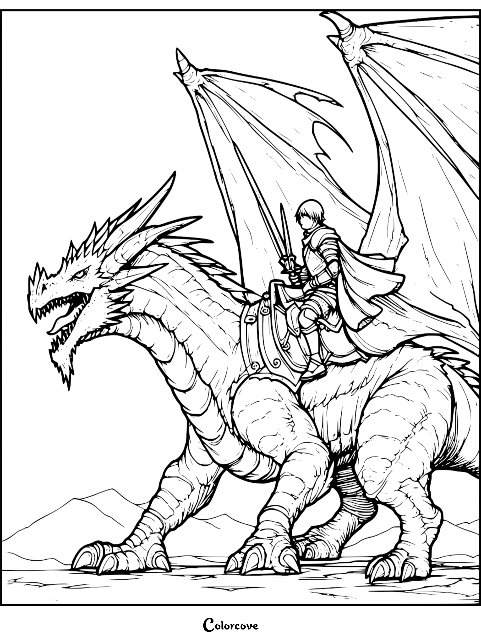 A knight in armor riding a large dragon, detailed line art coloring page.