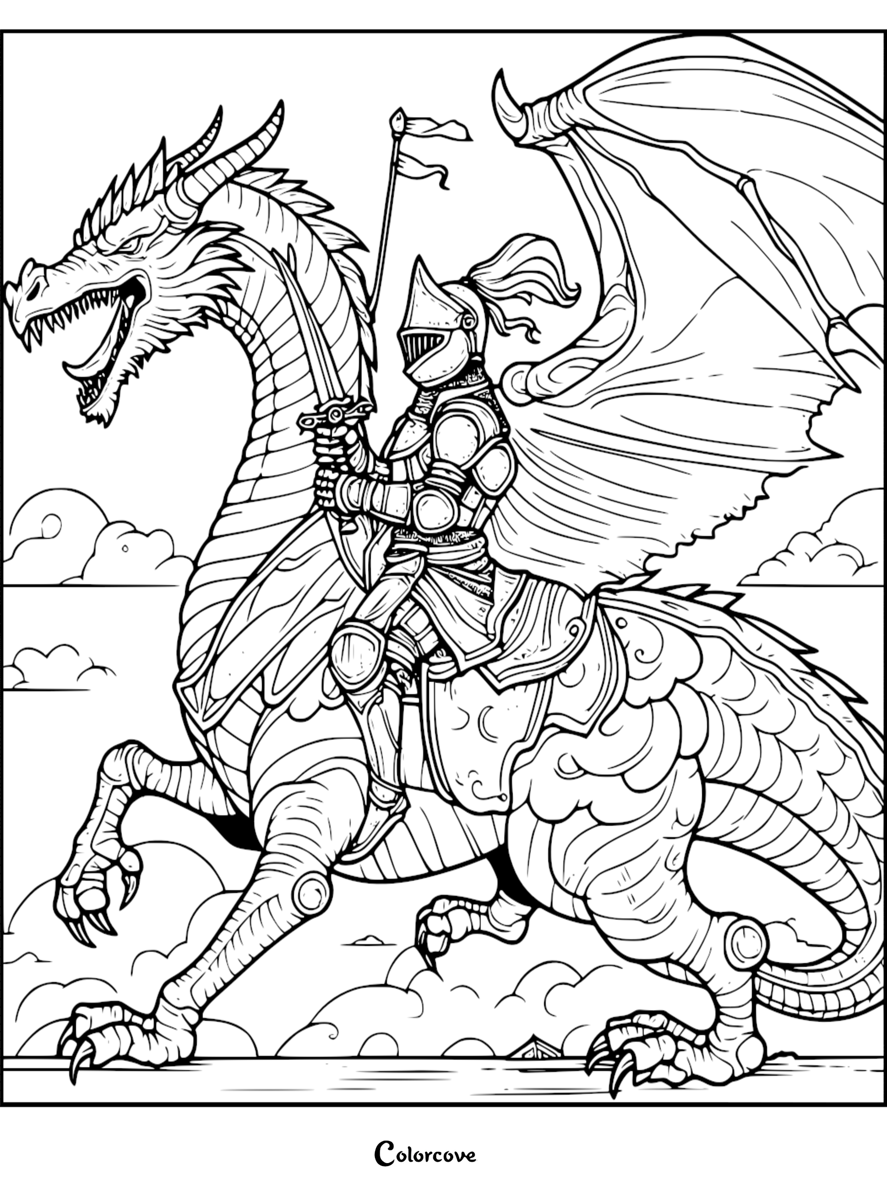 A knight in full armor riding a large dragon in this free printable coloring page.