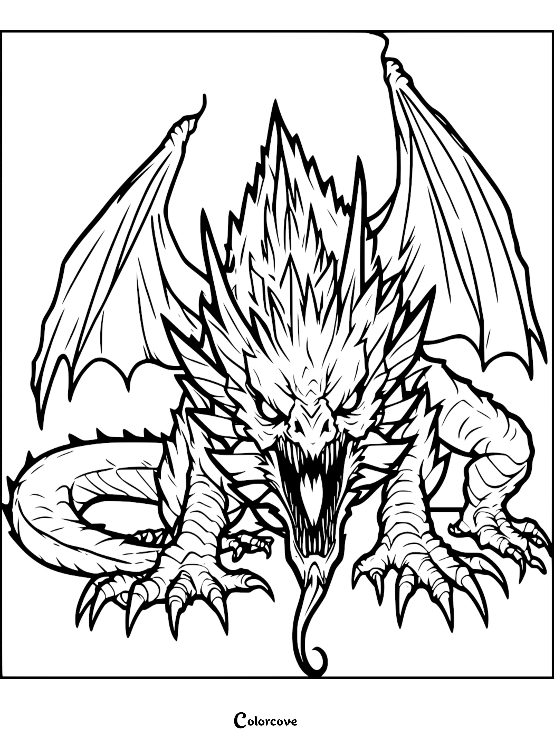 A fierce dragon with sharp spikes and wings spread wide in this detailed dragon coloring page.
