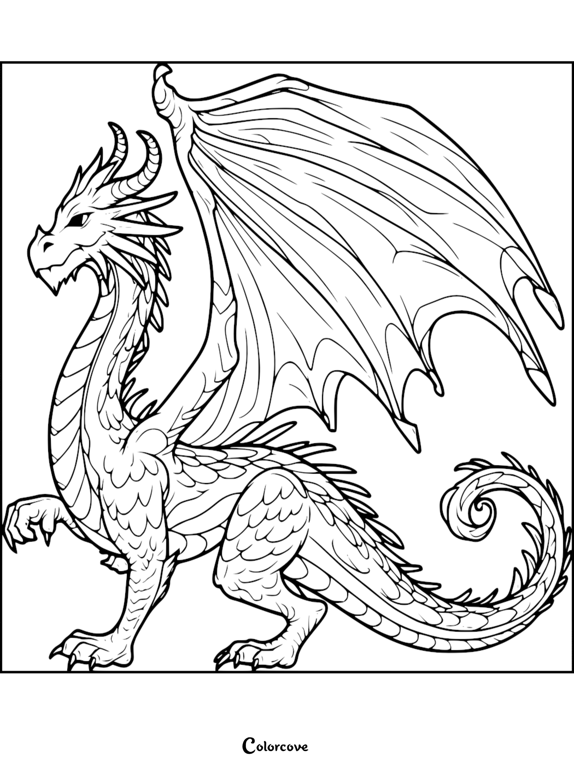 A detailed dragon coloring page featuring a majestic creature with large wings, sharp horns, and a curled tail.