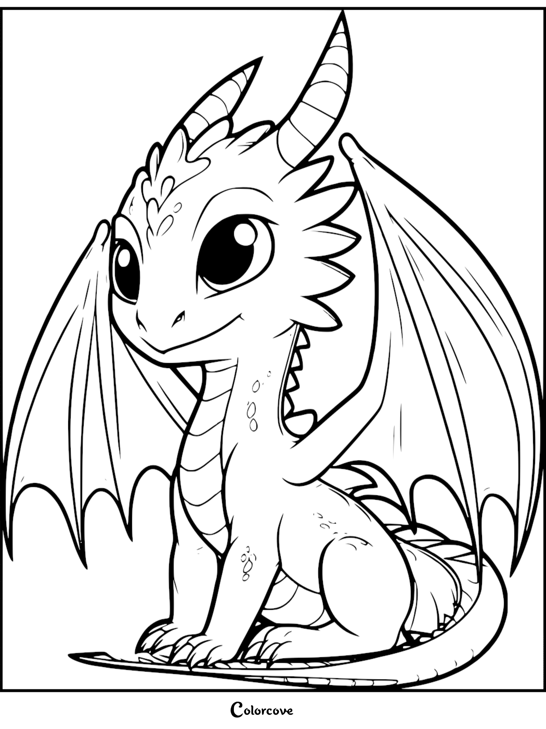 A cute baby dragon with large eyes and small wings sitting in a coloring page style line art illustration.
