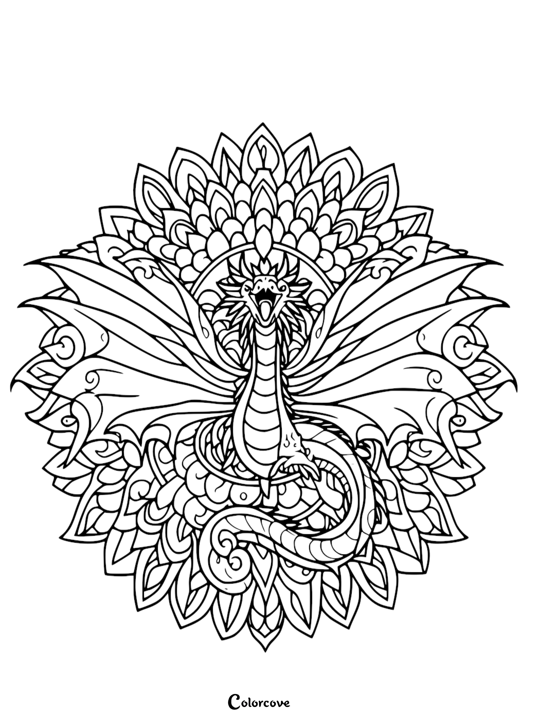 a black and white drawing of a dragon