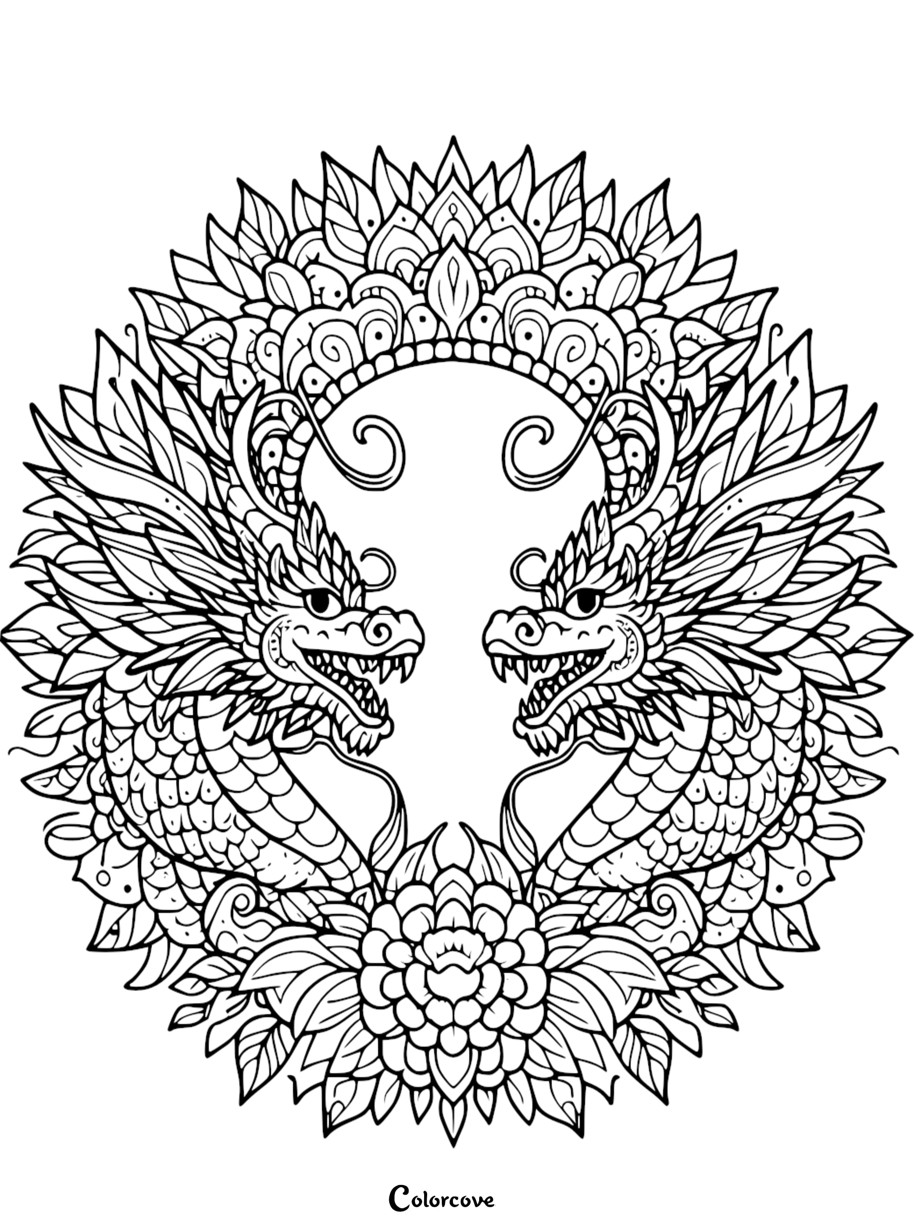 a black and white drawing of two dragons
