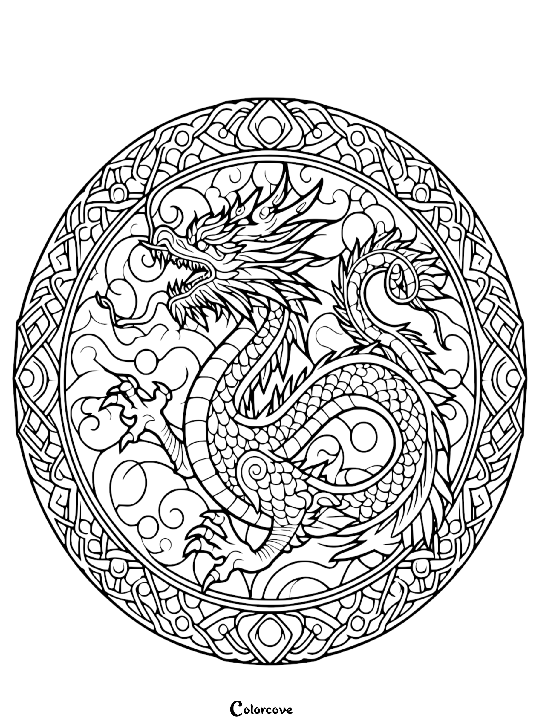 a black and white circular design with a dragon