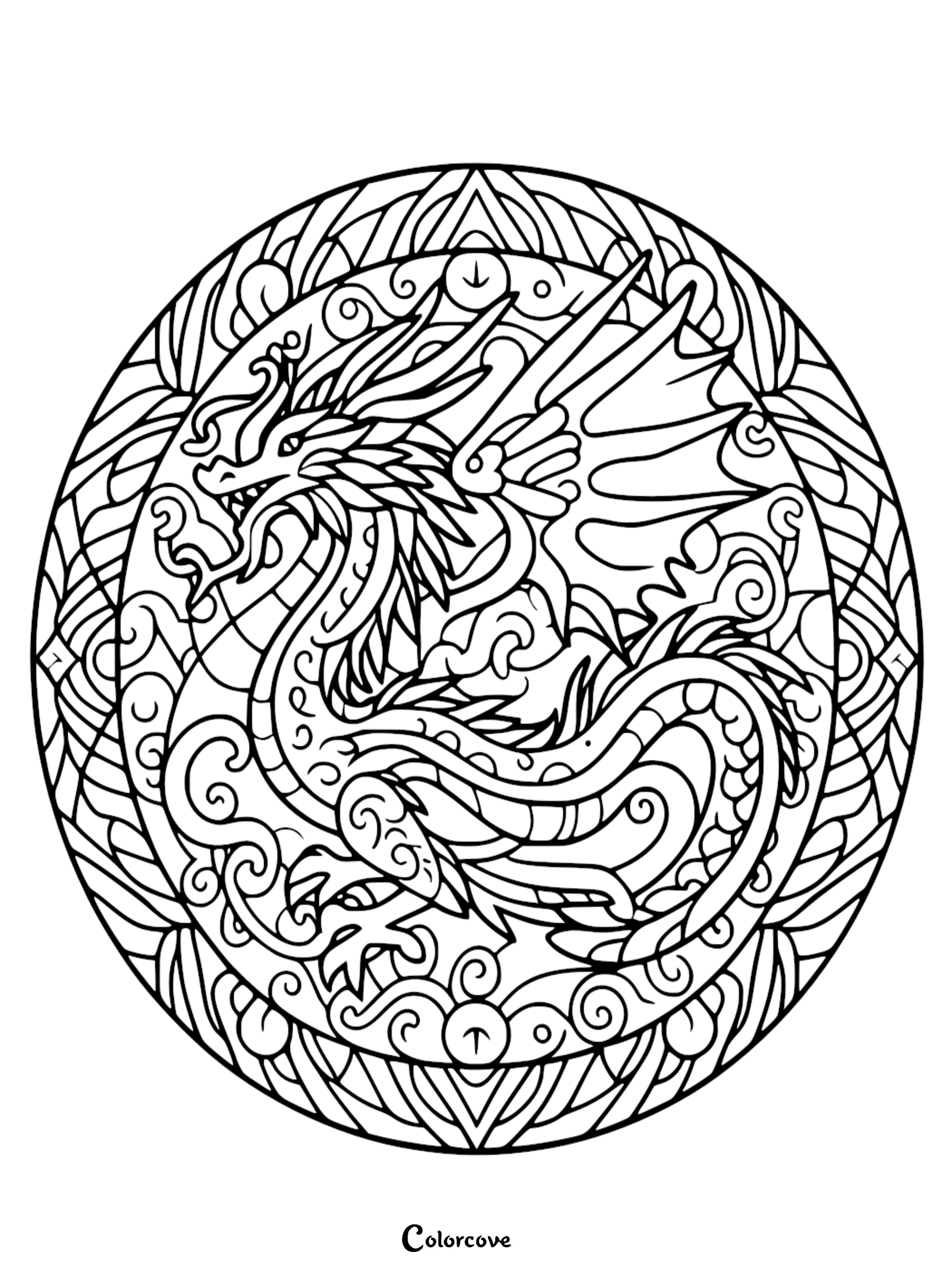 a black and white circular design with a dragon