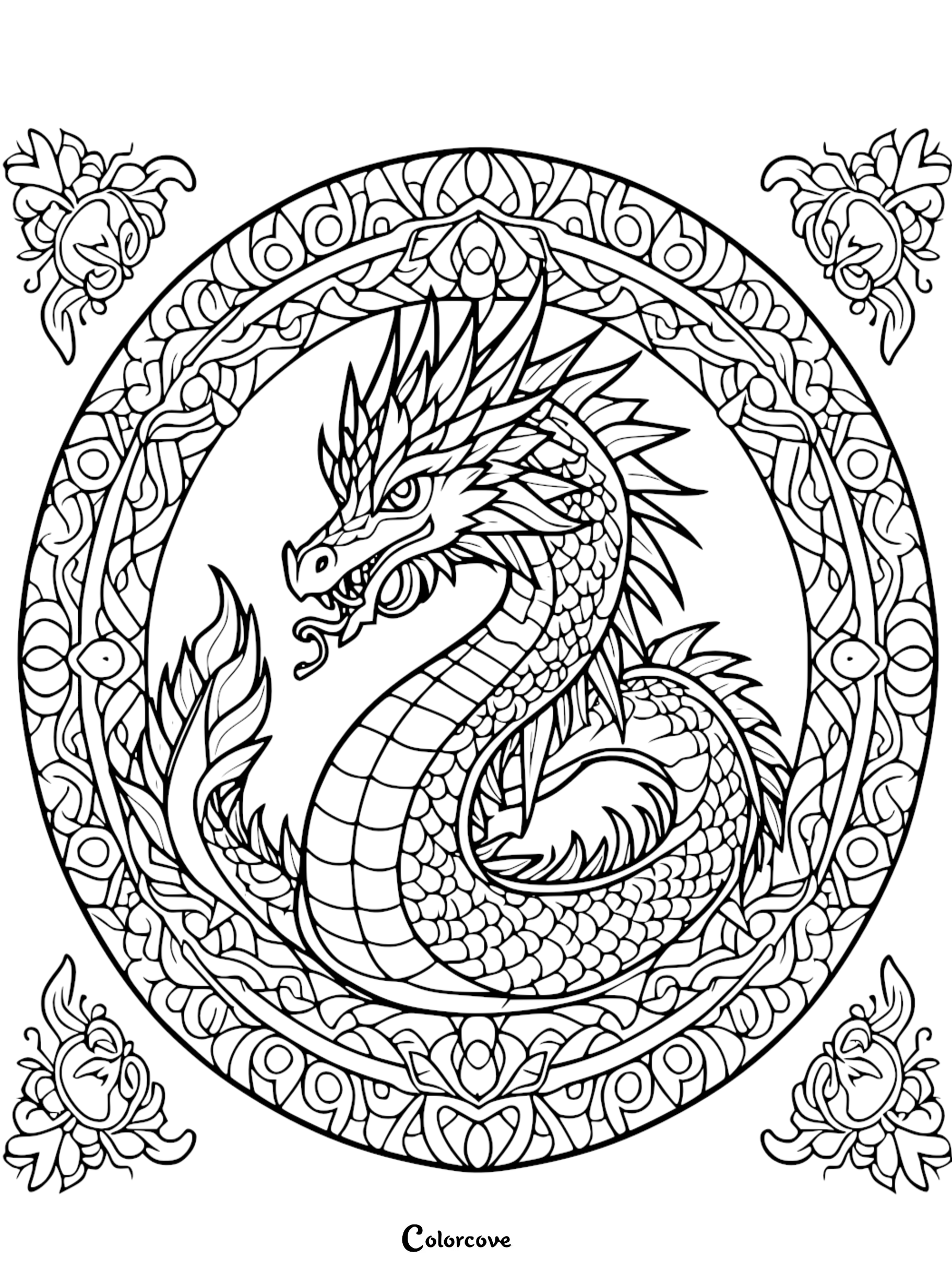 a black and white drawing of a dragon