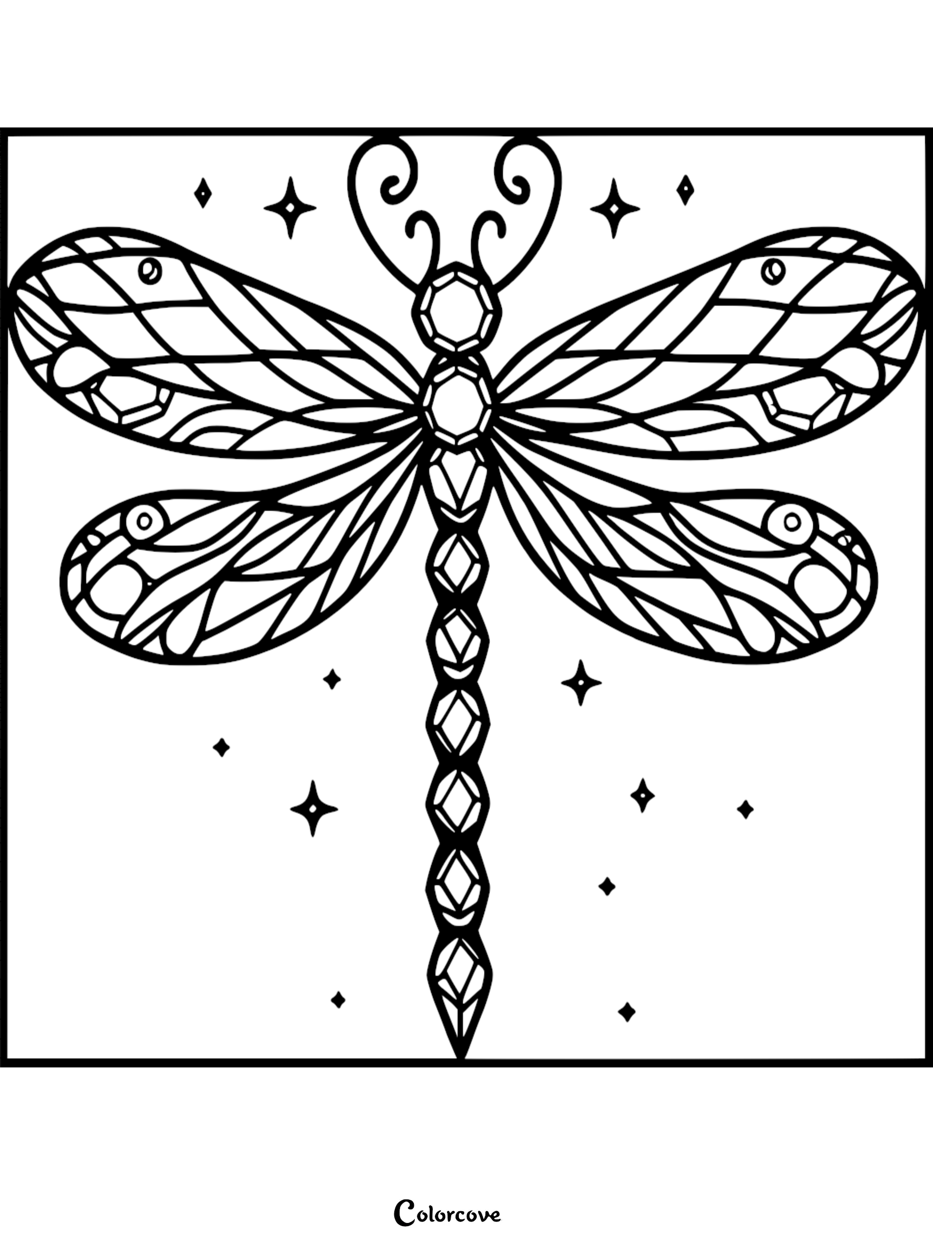 A decorative dragonfly coloring page featuring a body made of faceted gemstones and intricate wing patterns surrounded by small sparkling stars.