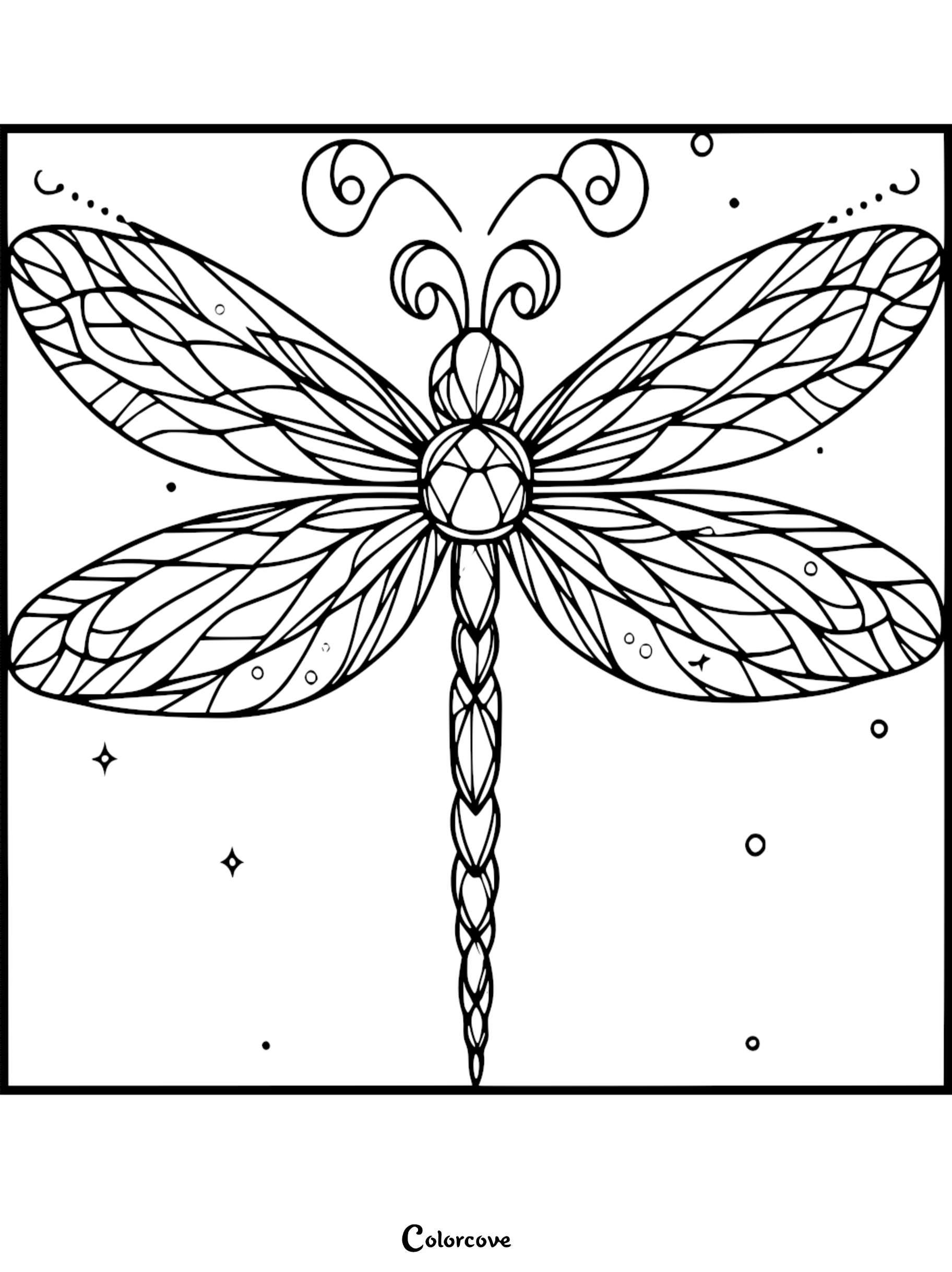 A symmetrical dragonfly coloring page featuring stained glass style wings, a segmented tail, and decorative sparkles in the background.