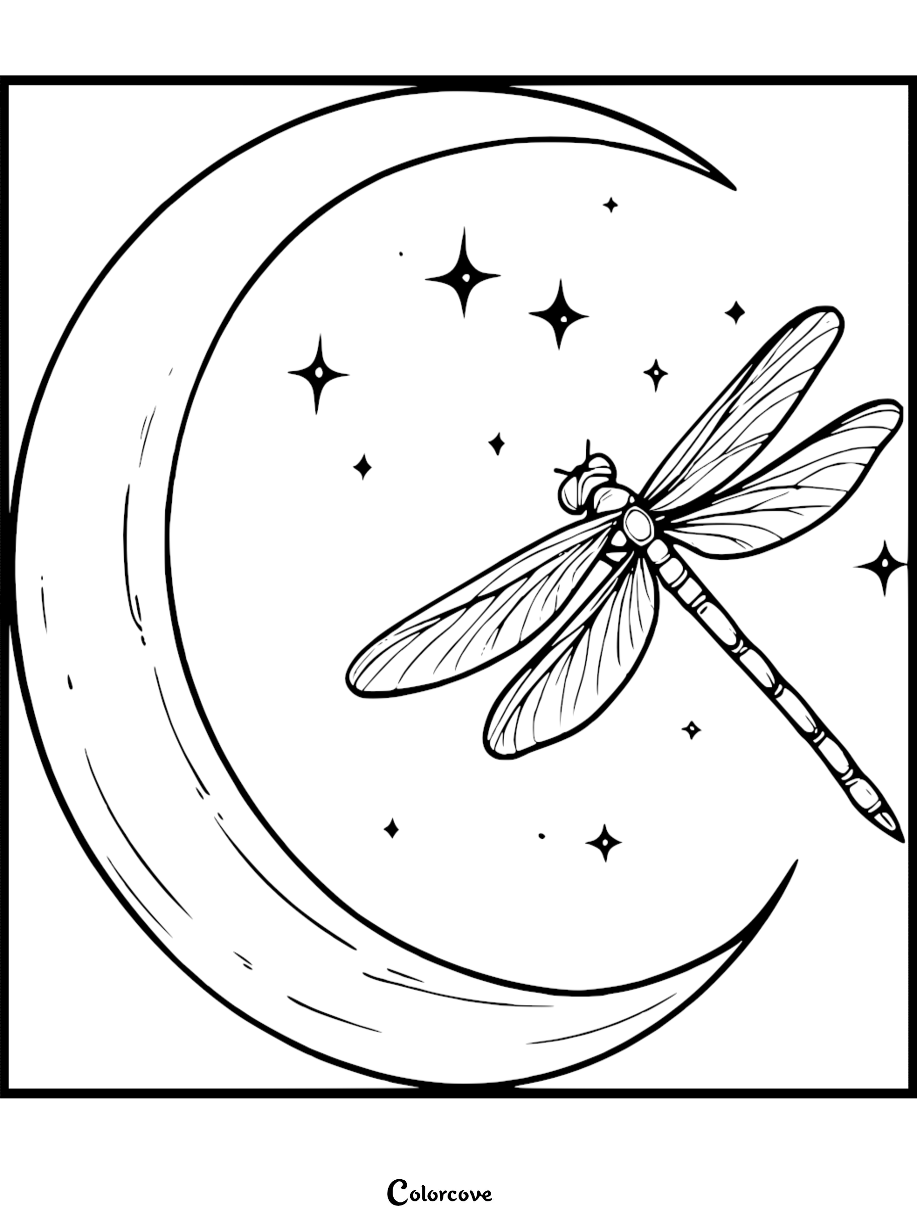 A detailed dragonfly coloring page featuring a large crescent moon and twinkling stars in the background.