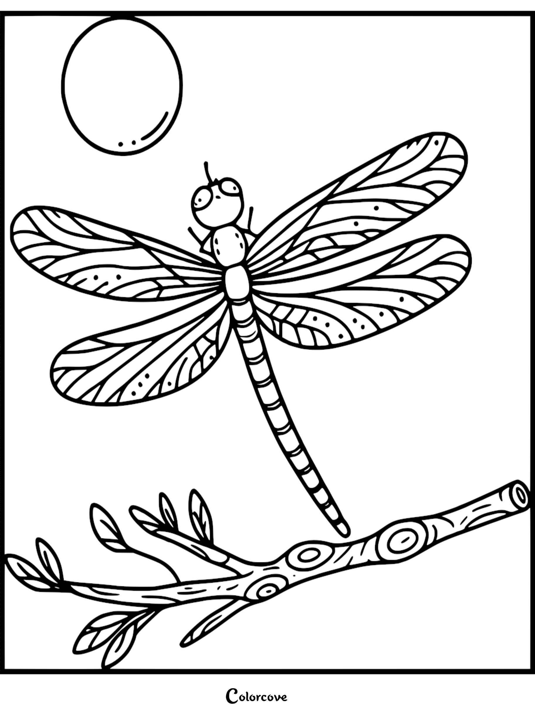 A detailed dragonfly coloring page featuring a patterned insect hovering above a textured tree branch with a full moon in the background.