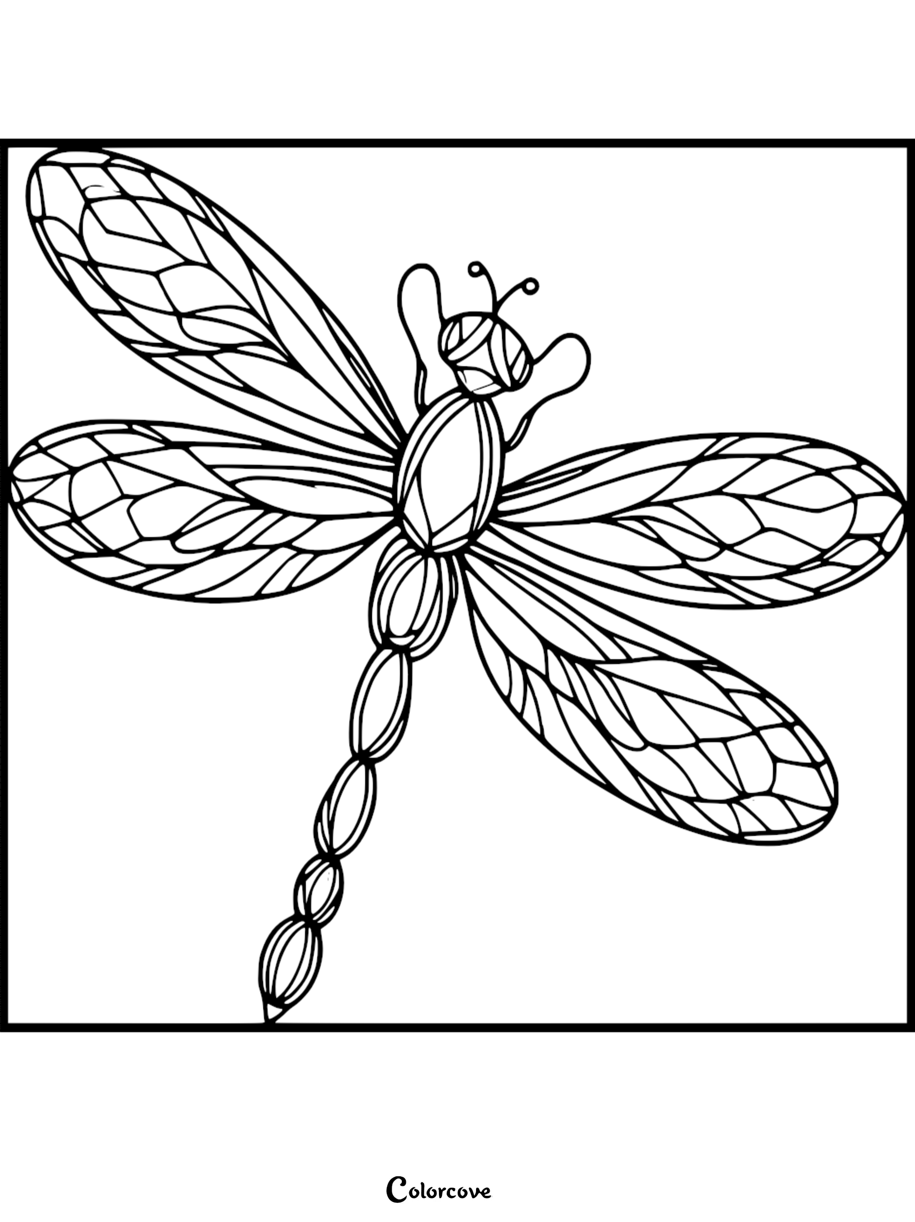 A detailed dragonfly coloring page featuring geometric wing patterns and a segmented body design.