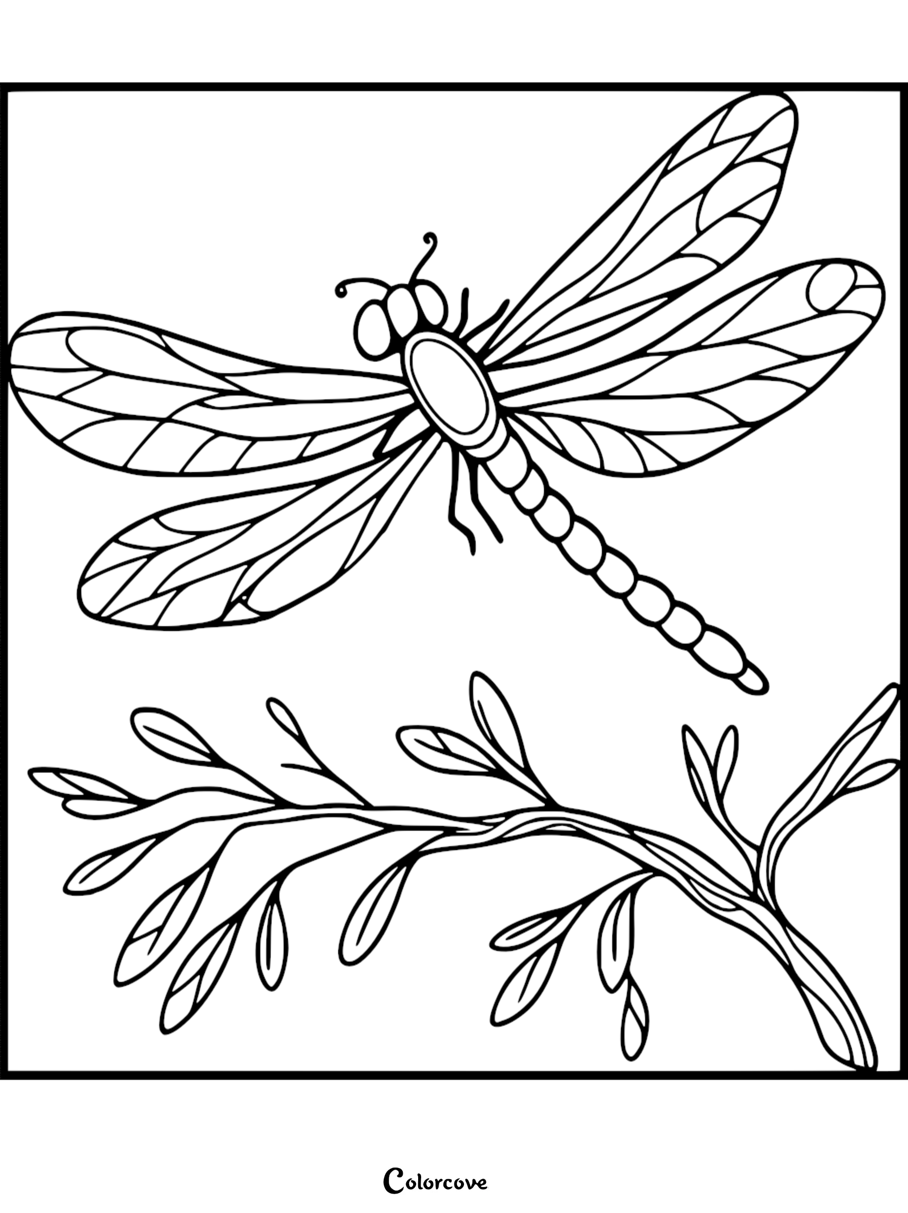 A detailed dragonfly with intricate wing patterns hovering above a leafy tree branch in this printable coloring page.