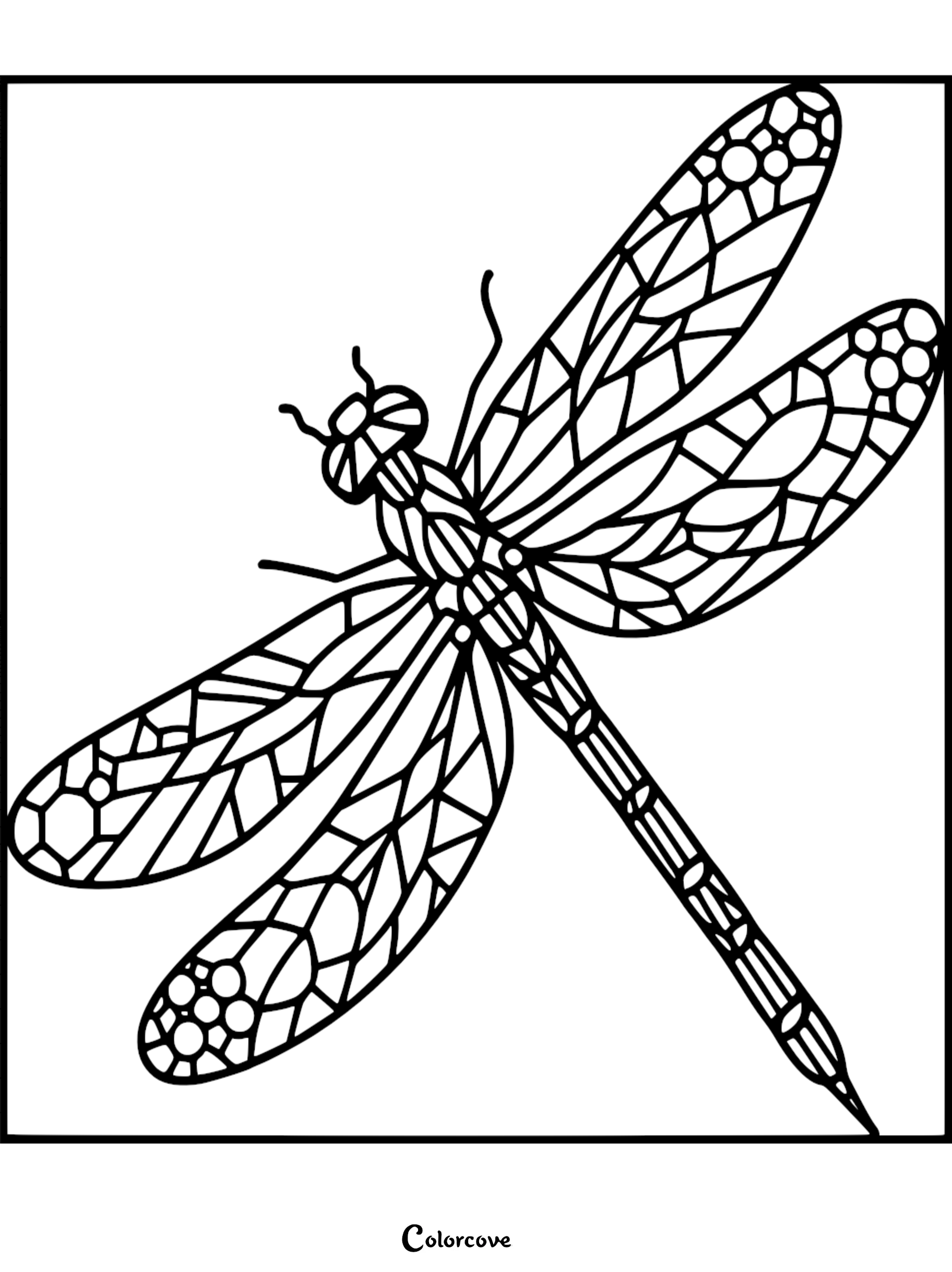 A detailed dragonfly coloring page featuring geometric stained glass patterns on its wings and a segmented body.