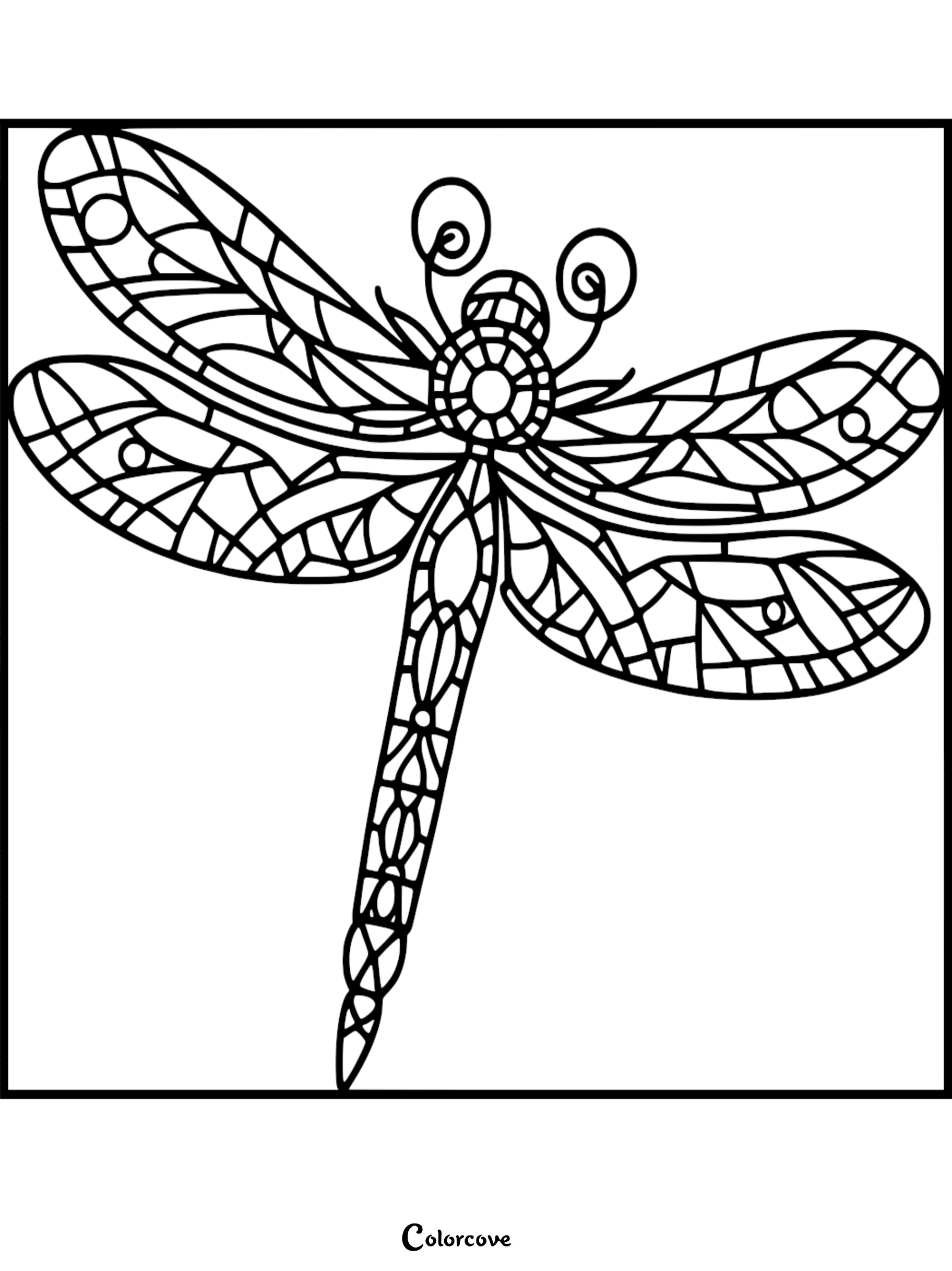 A detailed dragonfly coloring page featuring stained glass style geometric patterns on its wings and body.