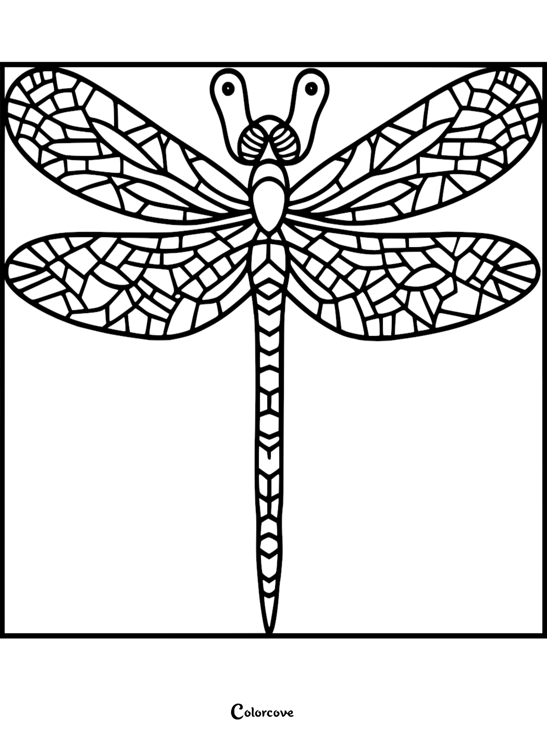 A symmetrical dragonfly coloring page featuring intricate mosaic-style wing patterns and a segmented body.