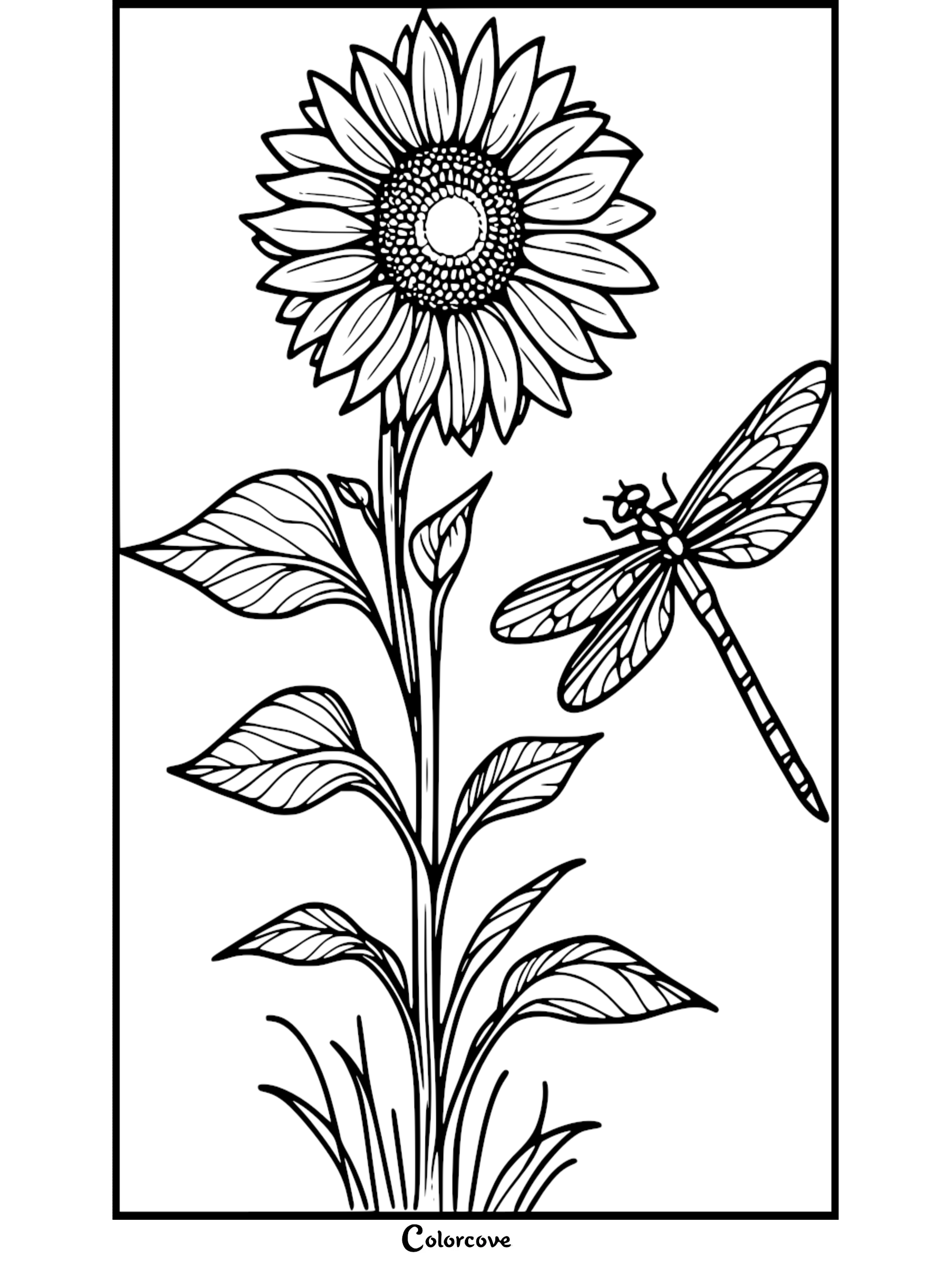 A detailed dragonfly hovering next to a tall, blooming sunflower in this printable nature-themed coloring page.