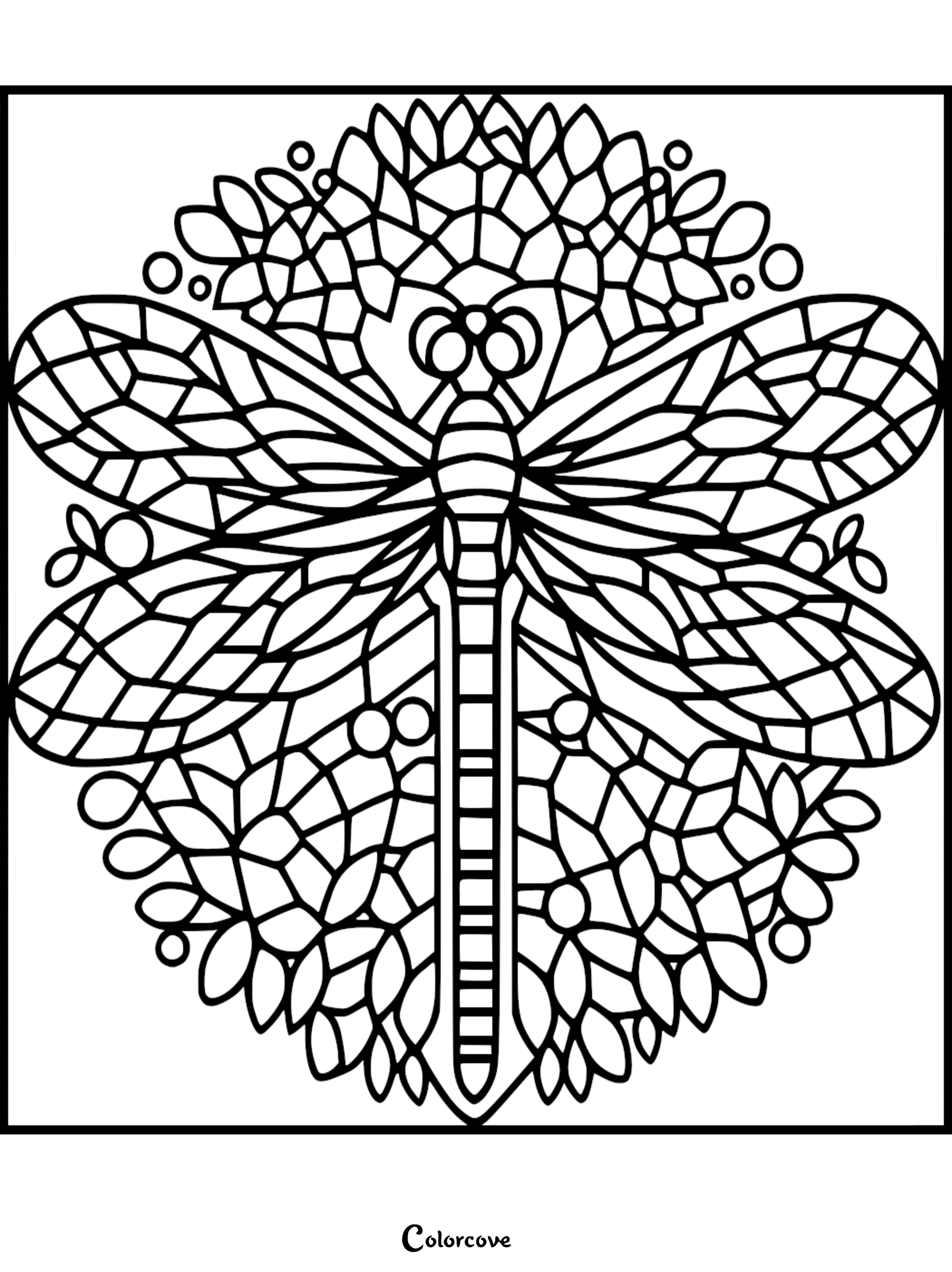 Intricate dragonfly mandala coloring page featuring a symmetrical insect with stained glass wing patterns set against a floral geometric background.