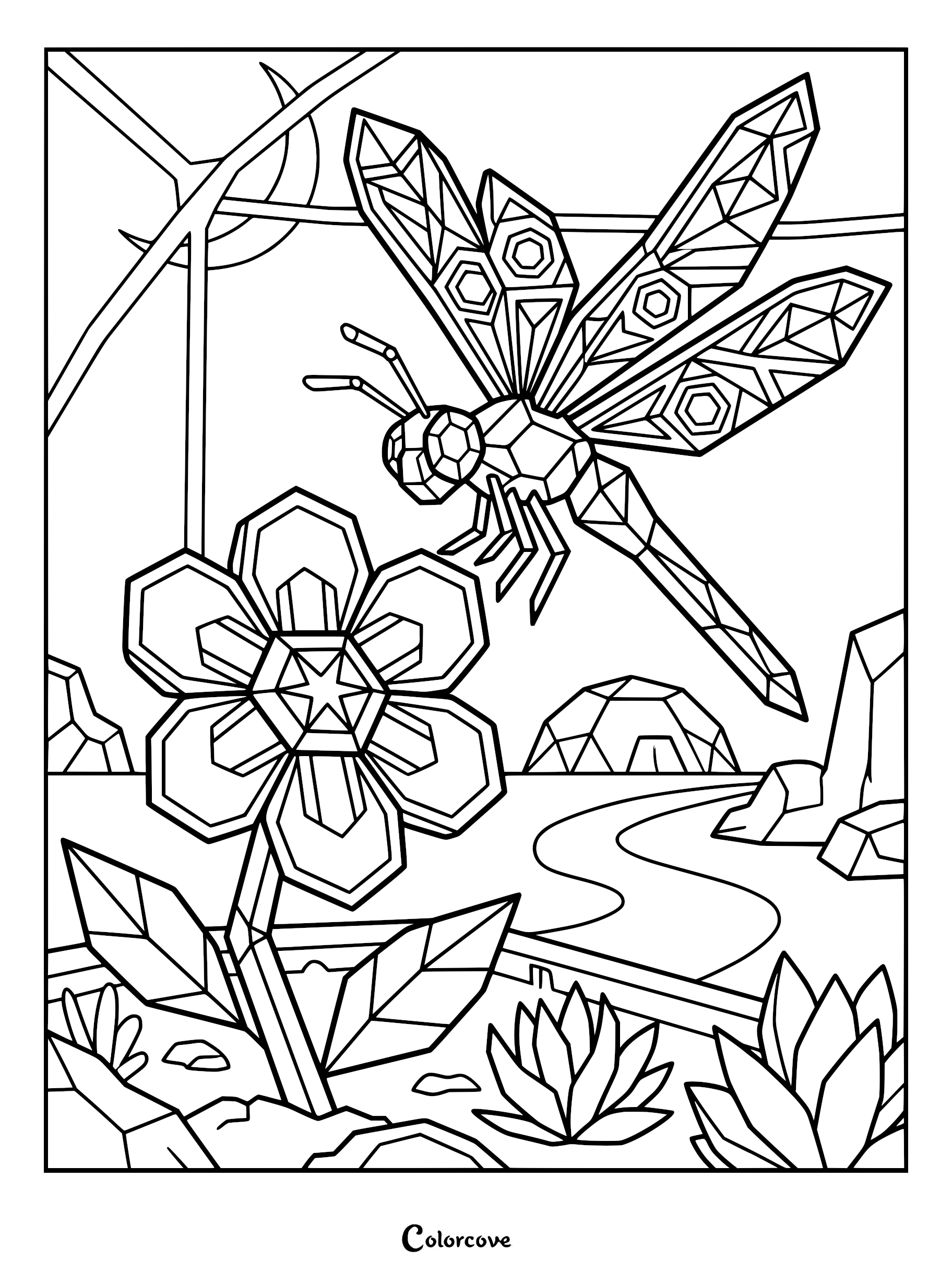A geometric dragonfly with faceted wings hovering over a stylized hexagonal flower in a landscape coloring page.
