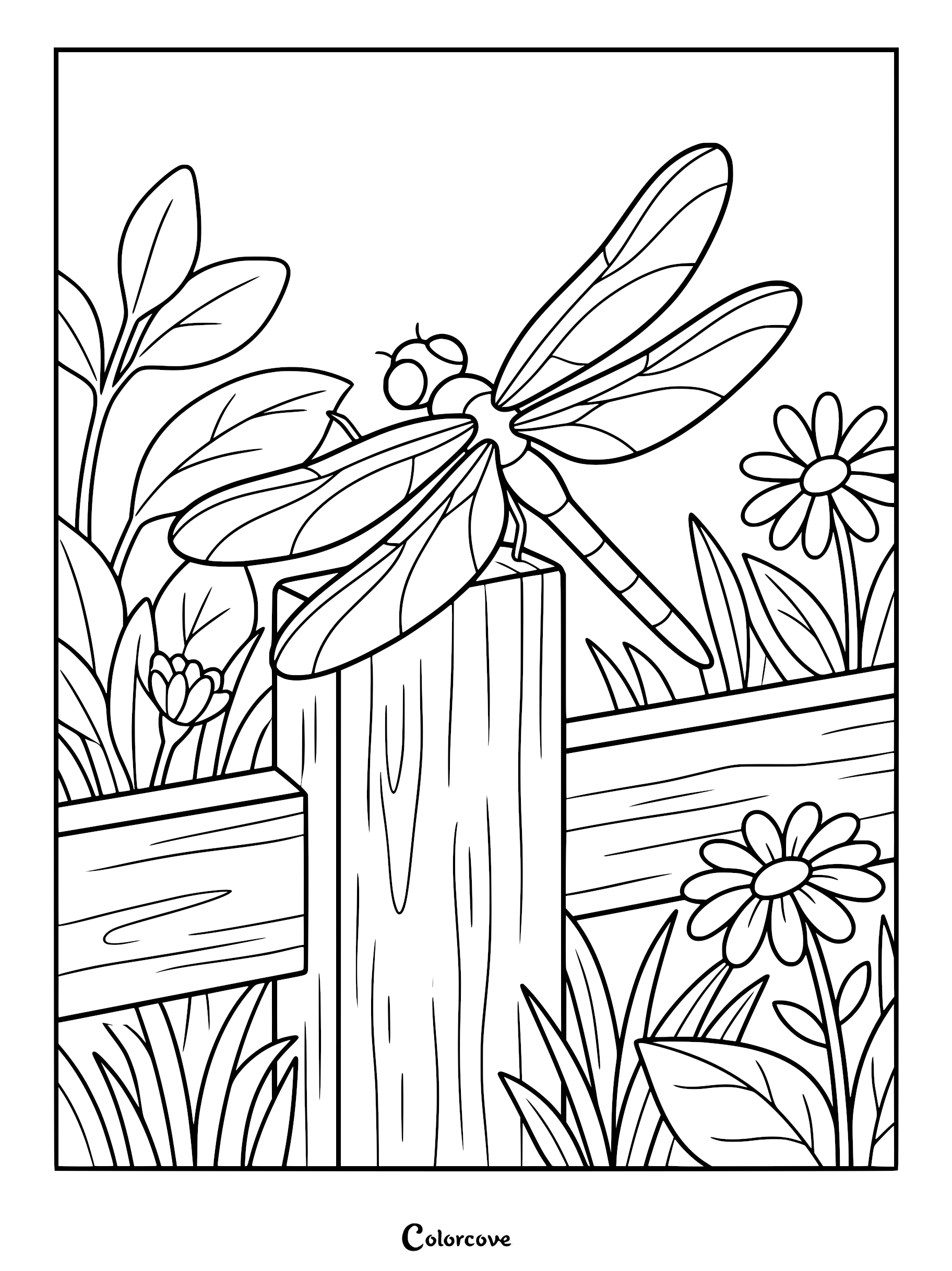 A detailed dragonfly coloring page featuring the insect perched on a wooden fence post surrounded by daisies and tall grass.