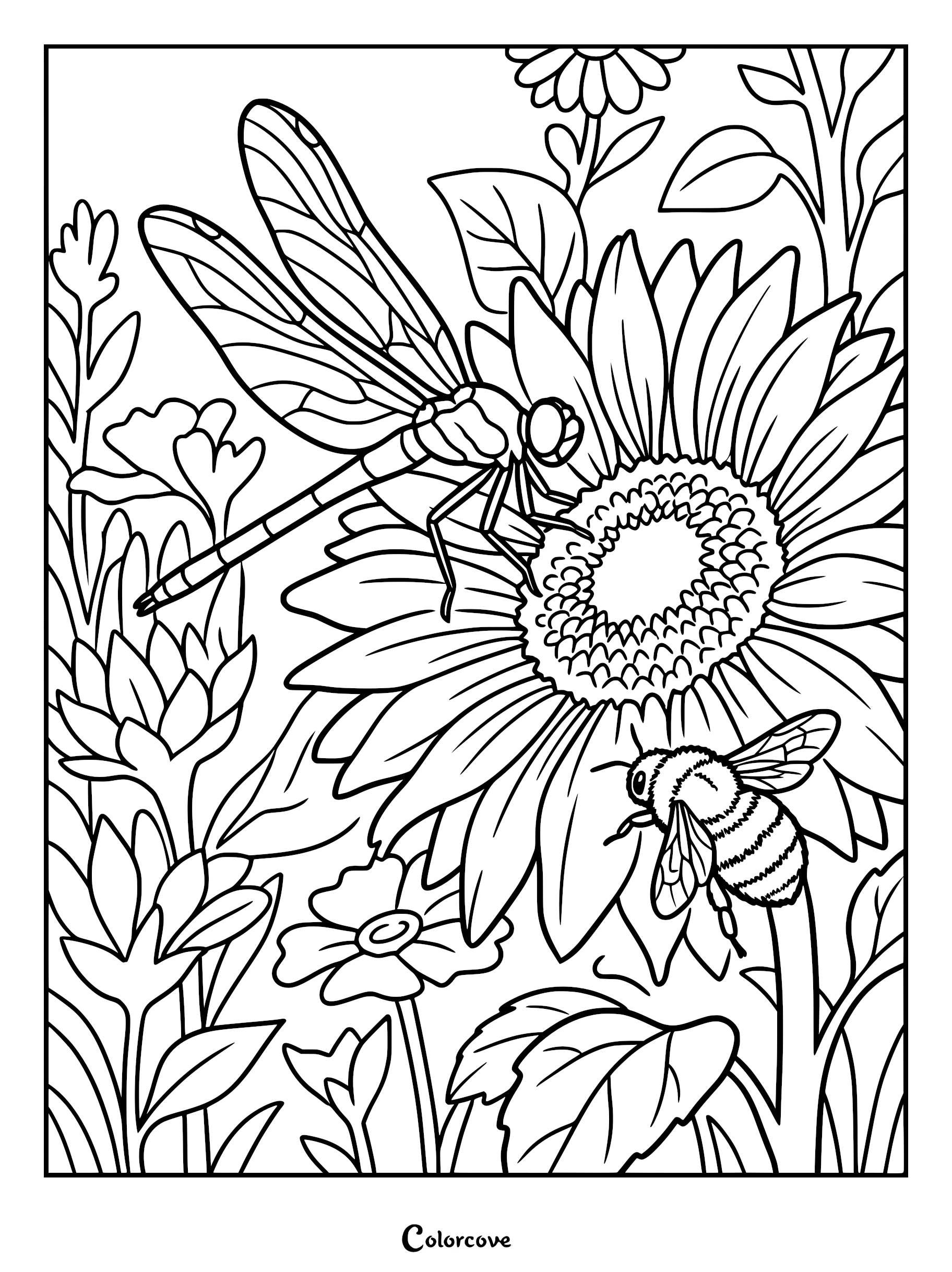 A detailed coloring page featuring a dragonfly perched on a large sunflower with a bumblebee flying nearby in a garden setting.