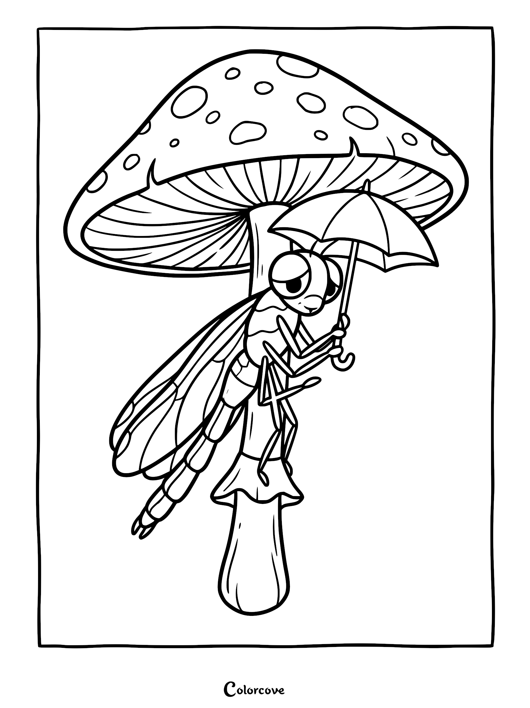 A cute dragonfly holding a small umbrella while perched on the stem of a large spotted mushroom in this printable coloring page.