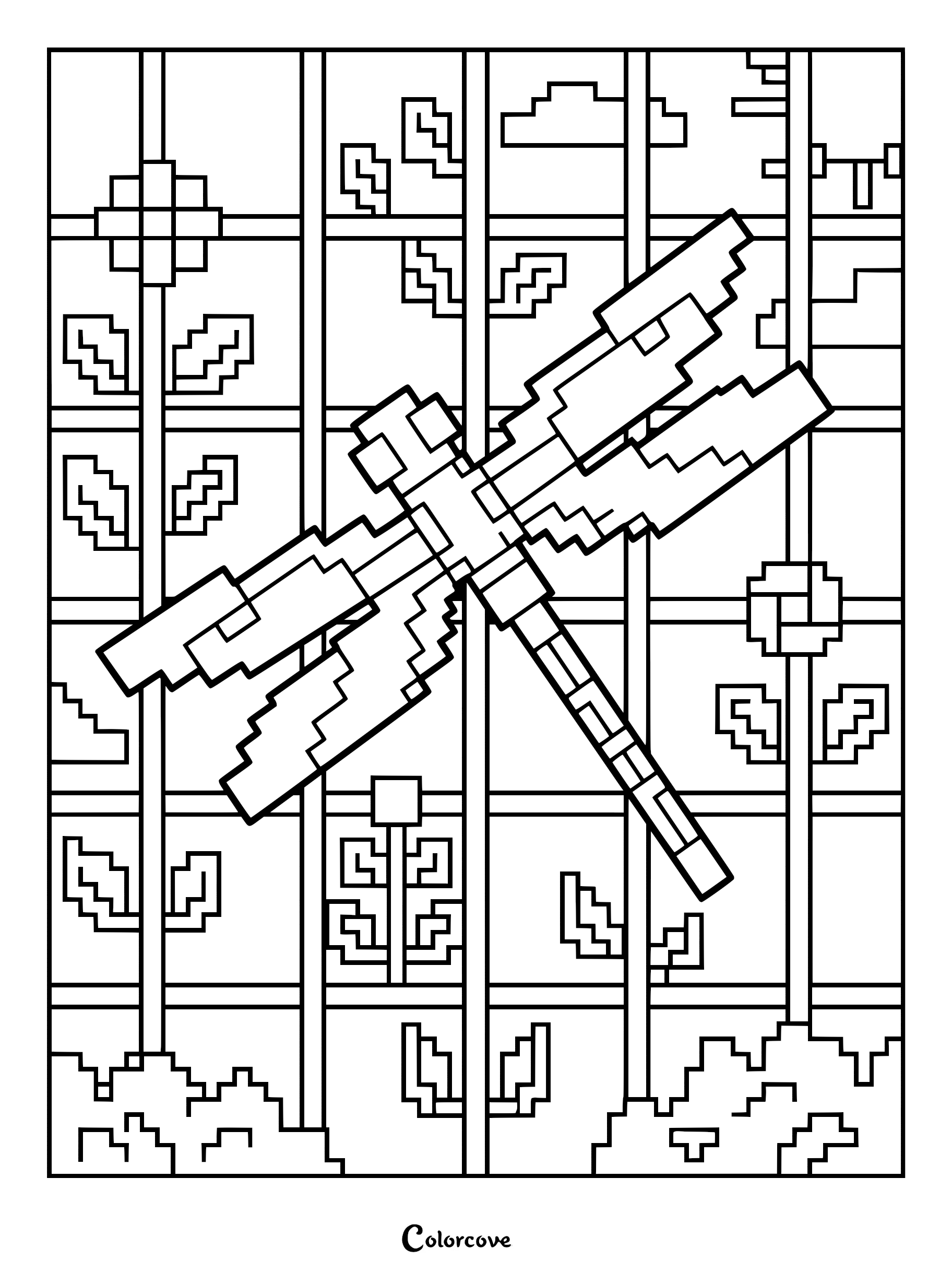 A pixel art style dragonfly coloring page featuring a blocky insect flying over a grid background with simple geometric flowers.