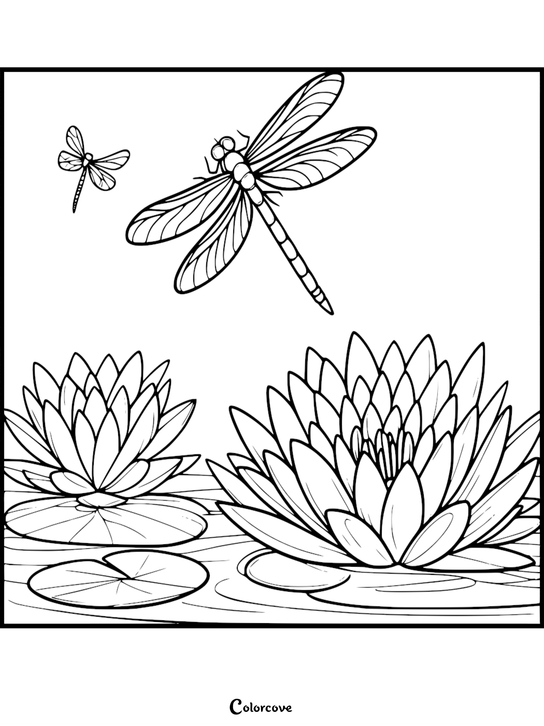 A printable coloring page featuring two dragonflies hovering above blooming water lilies on a pond with lily pads.