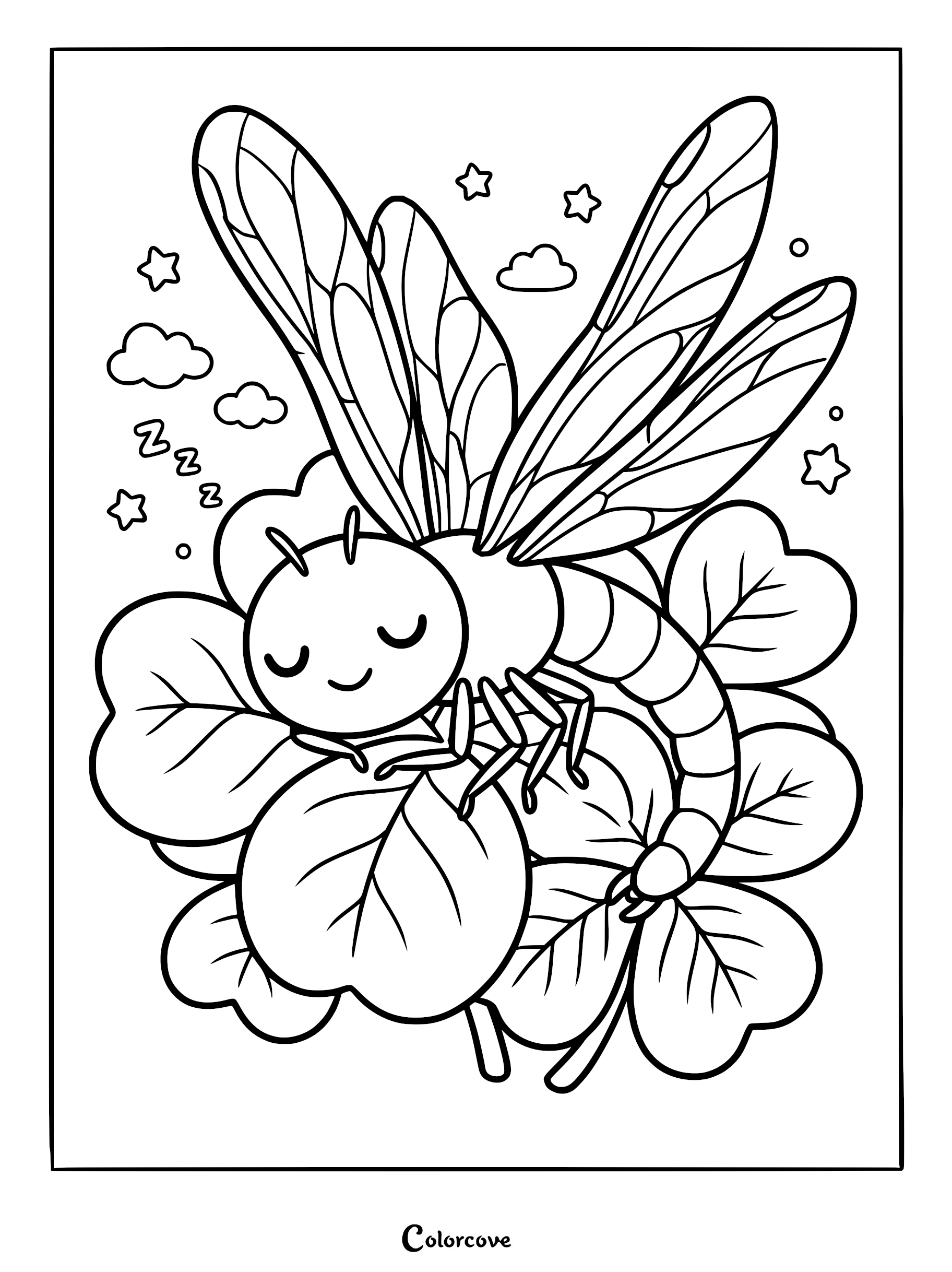 A cute cartoon dragonfly sleeping on a four-leaf clover, surrounded by stars and clouds in this printable coloring page.