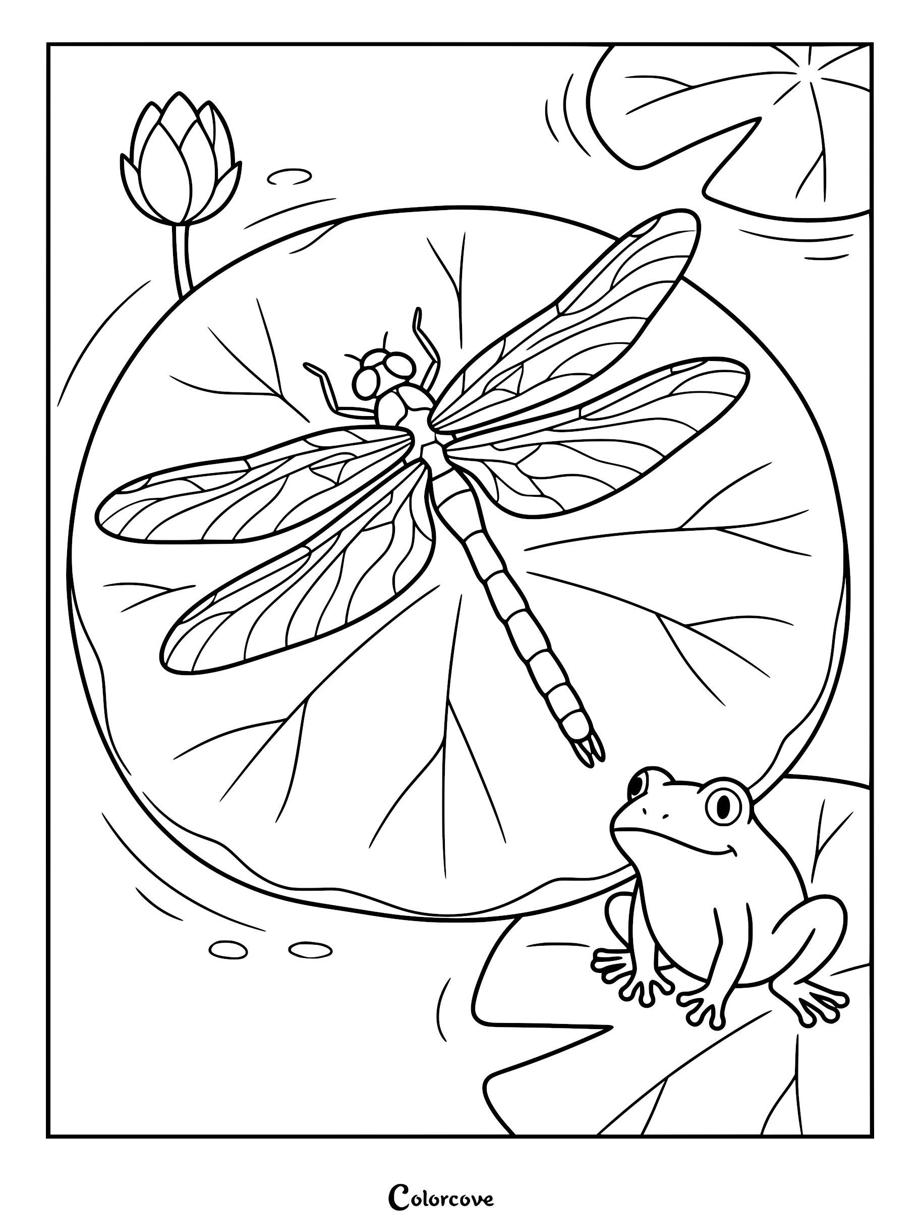 A detailed dragonfly resting on a large lily pad with a small frog sitting on a nearby leaf in this printable coloring page.