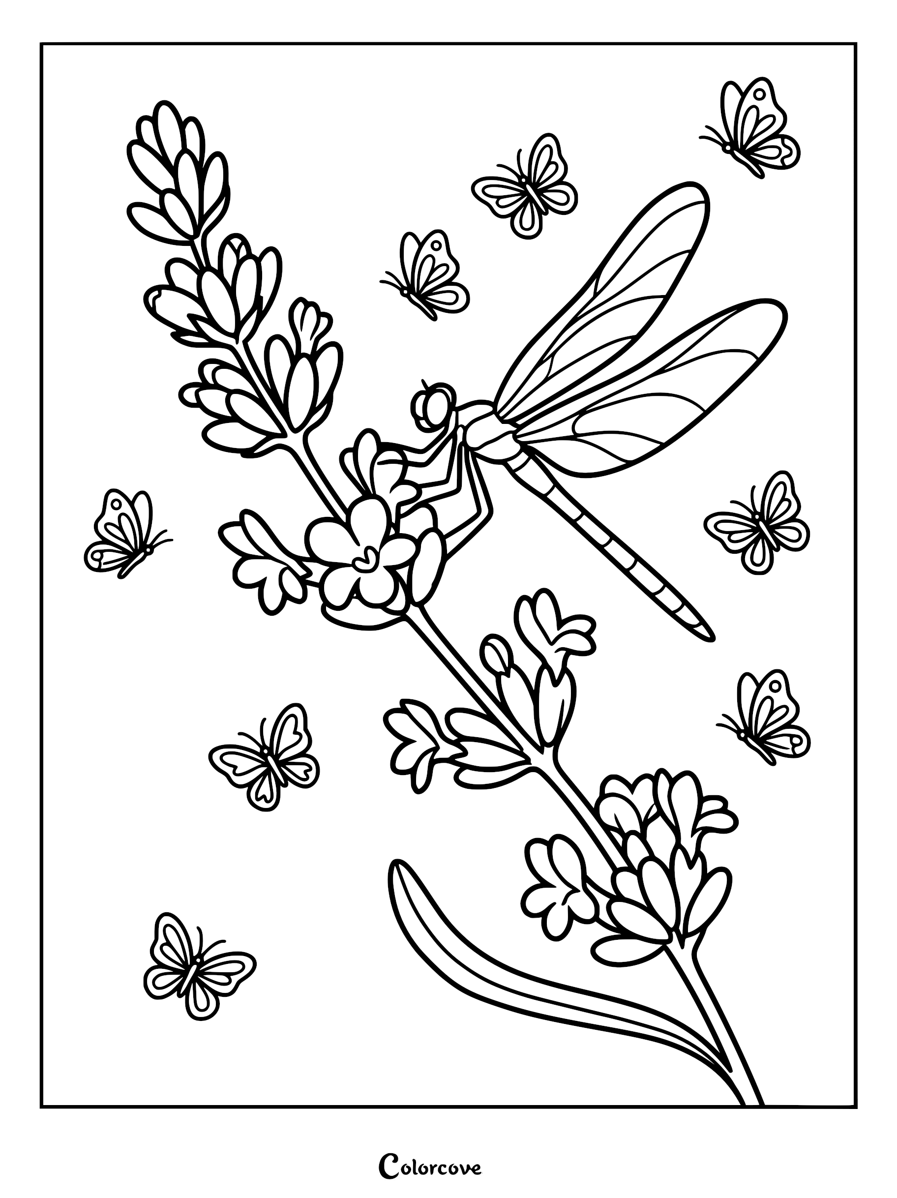 A printable coloring page featuring a detailed dragonfly perched on a sprig of lavender surrounded by several small butterflies.