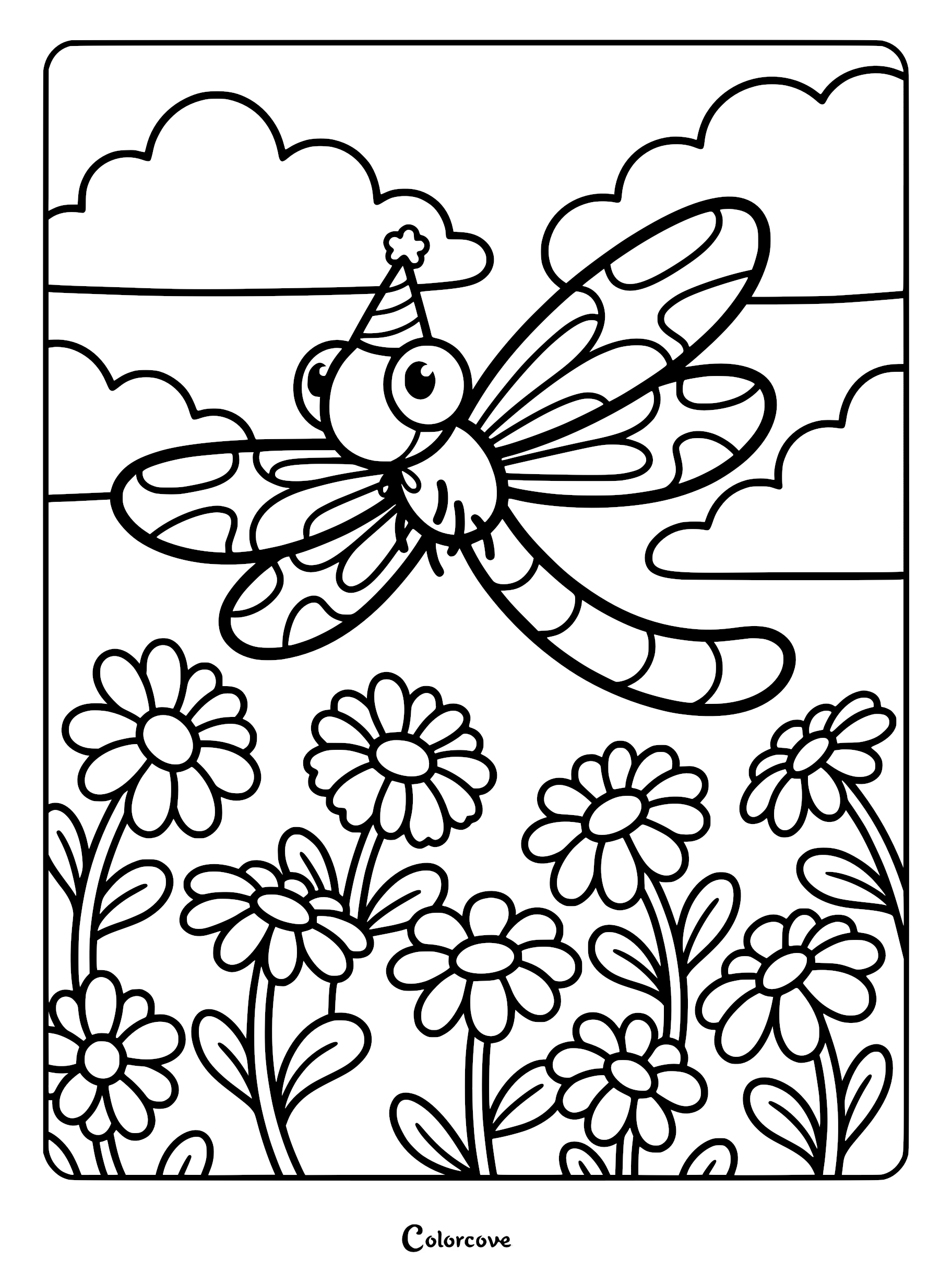 A cute dragonfly wearing a party hat flying over a field of daisies in this printable coloring page.