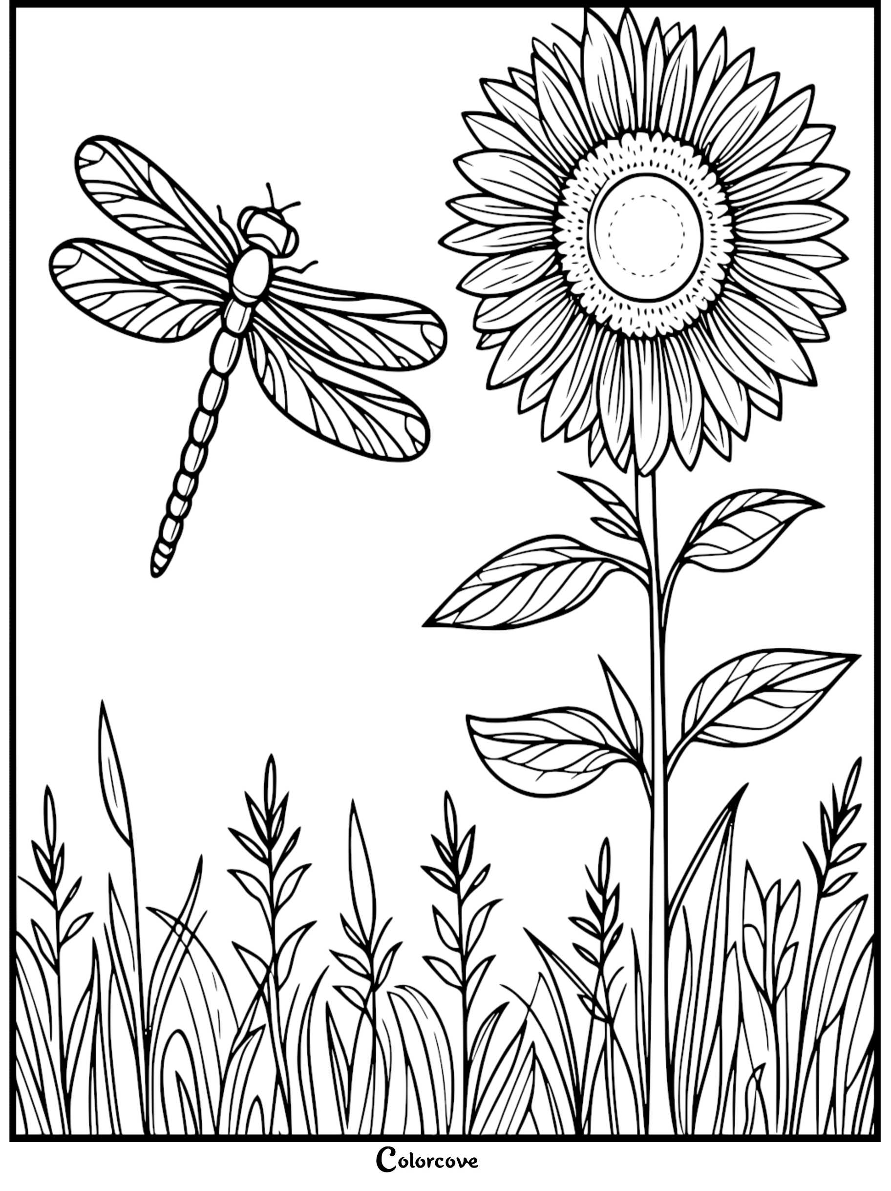 A detailed dragonfly hovering next to a large sunflower in a grassy field, presented as a printable line art coloring page.