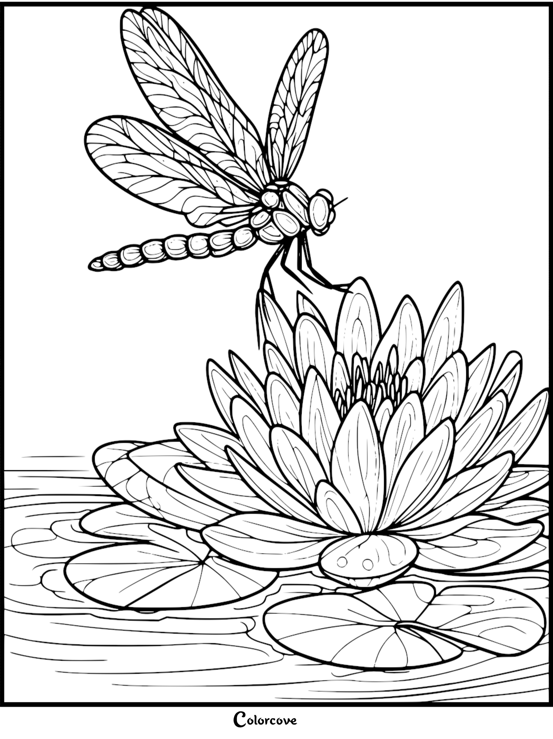 A detailed dragonfly with intricate wing patterns perched on a blooming water lily surrounded by lily pads in a pond, presented as a black and white coloring page.