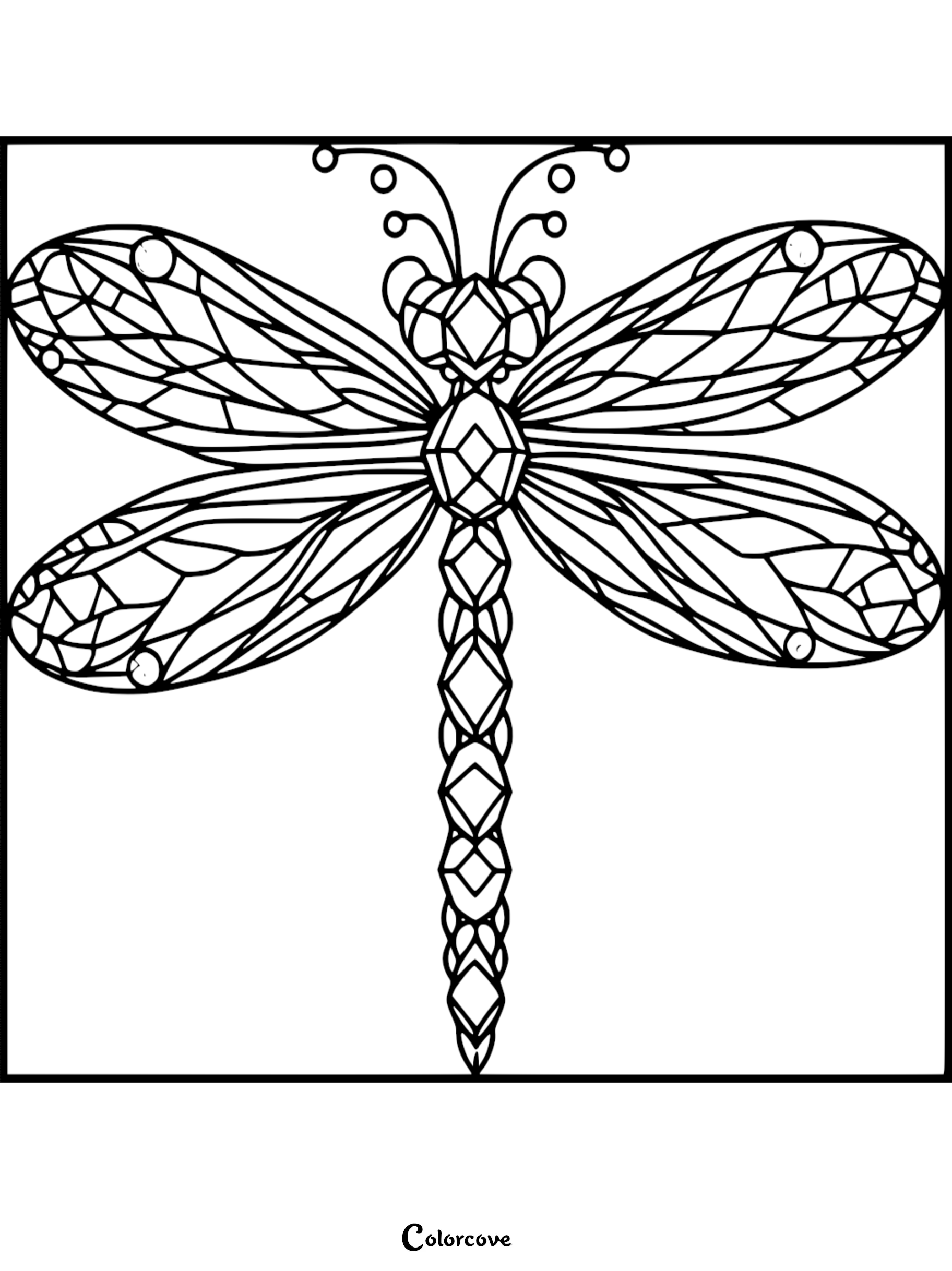 A geometric dragonfly coloring page featuring a stained glass style body and intricate wing patterns with diamond-shaped segments.