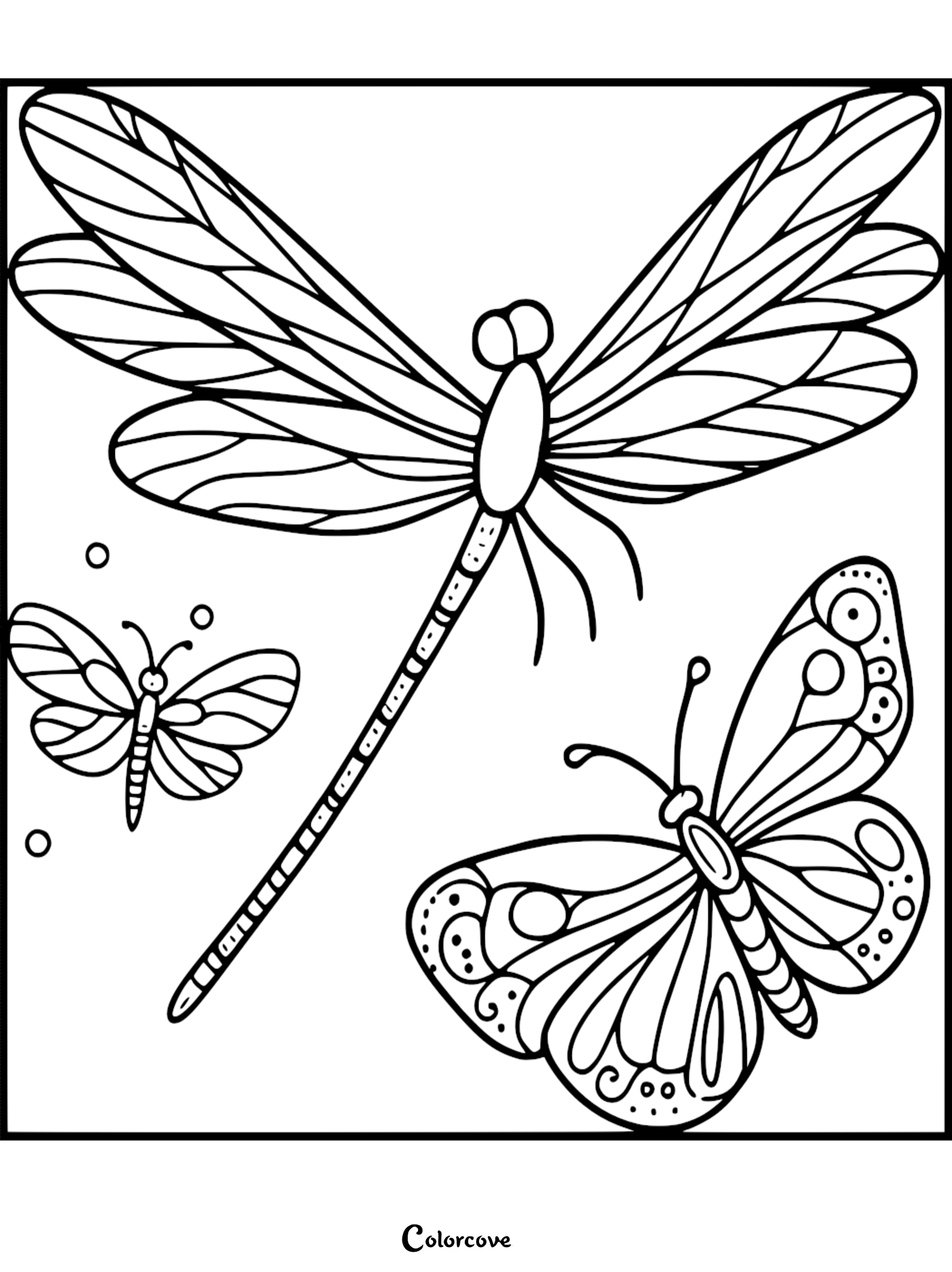 A printable coloring page featuring a large dragonfly, a small dragonfly, and a detailed butterfly with patterned wings.