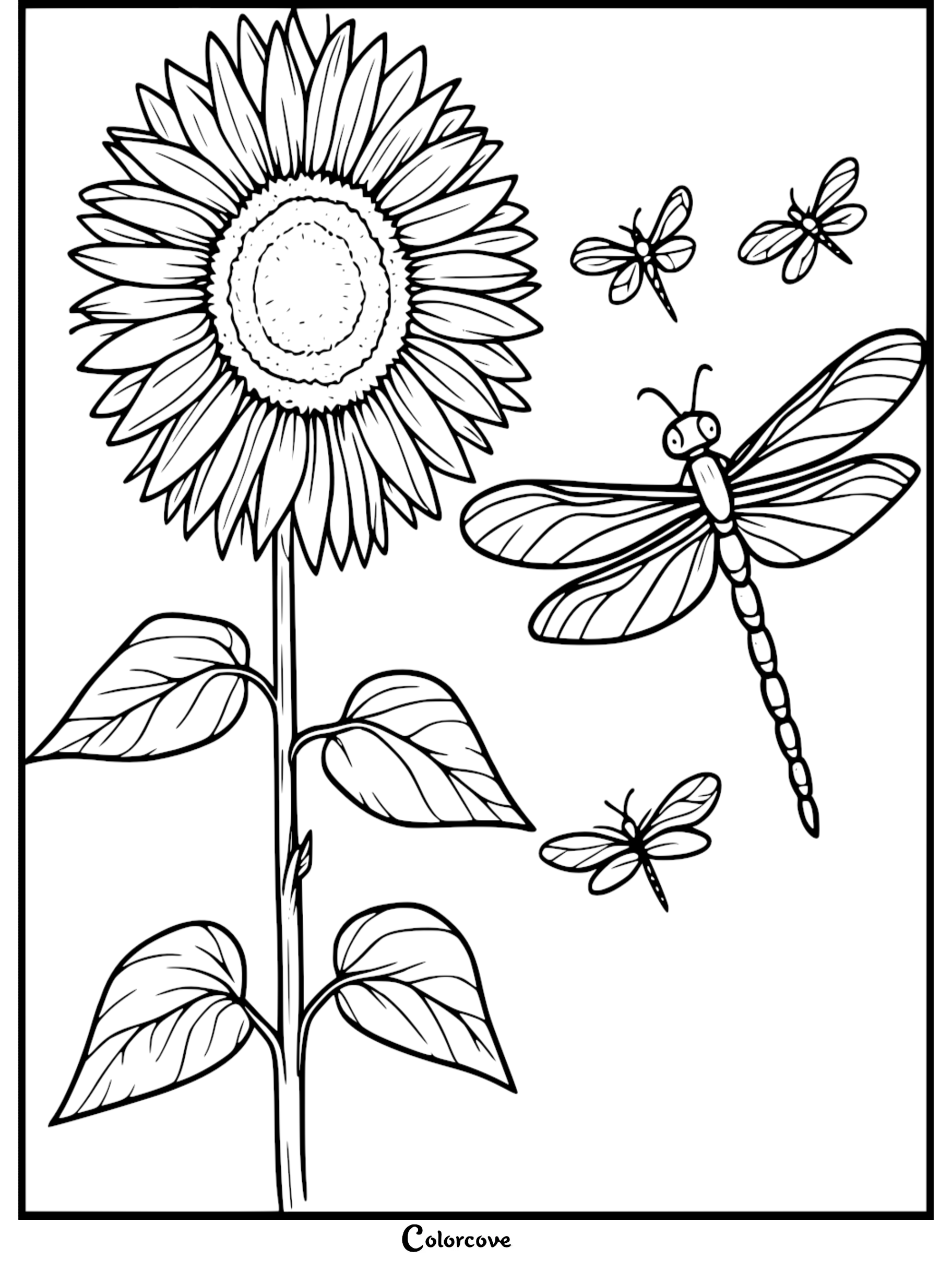 A large detailed sunflower next to one large dragonfly and three smaller dragonflies in this printable coloring page.