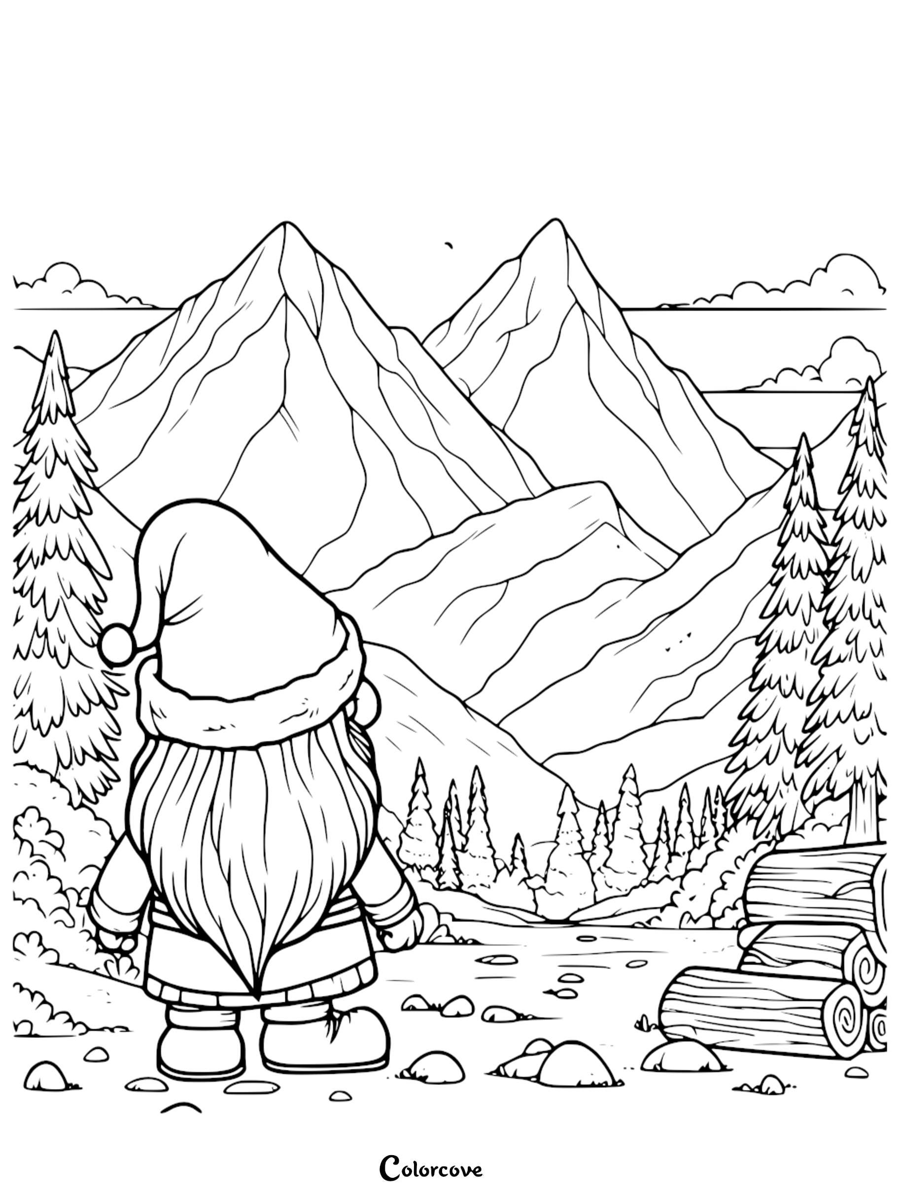 Gnome coloring page: a gnome with a pointed hat stands looking at a scenic mountain landscape with trees and logs.