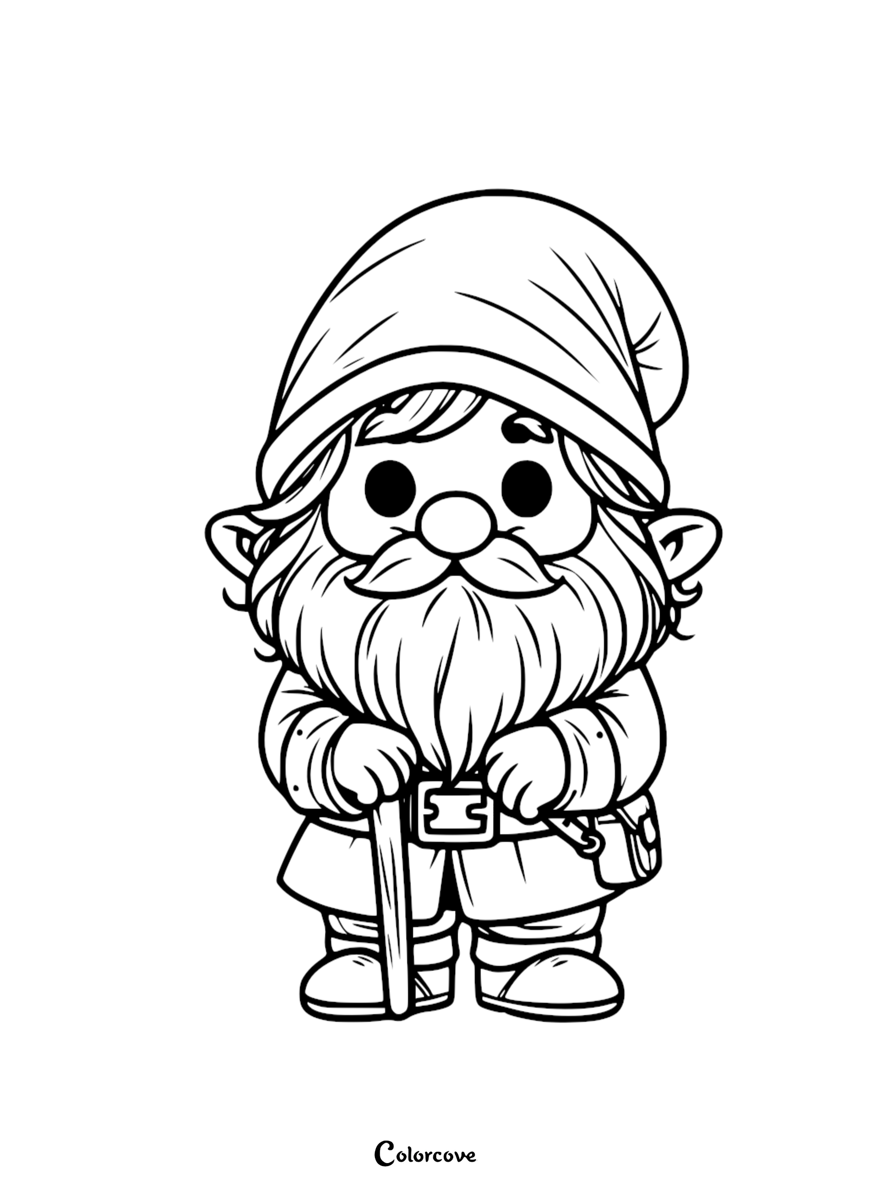 Coloring page of a cute gnome with a long beard, holding a cane, wearing a hat, belt, and boots from Color Cove.