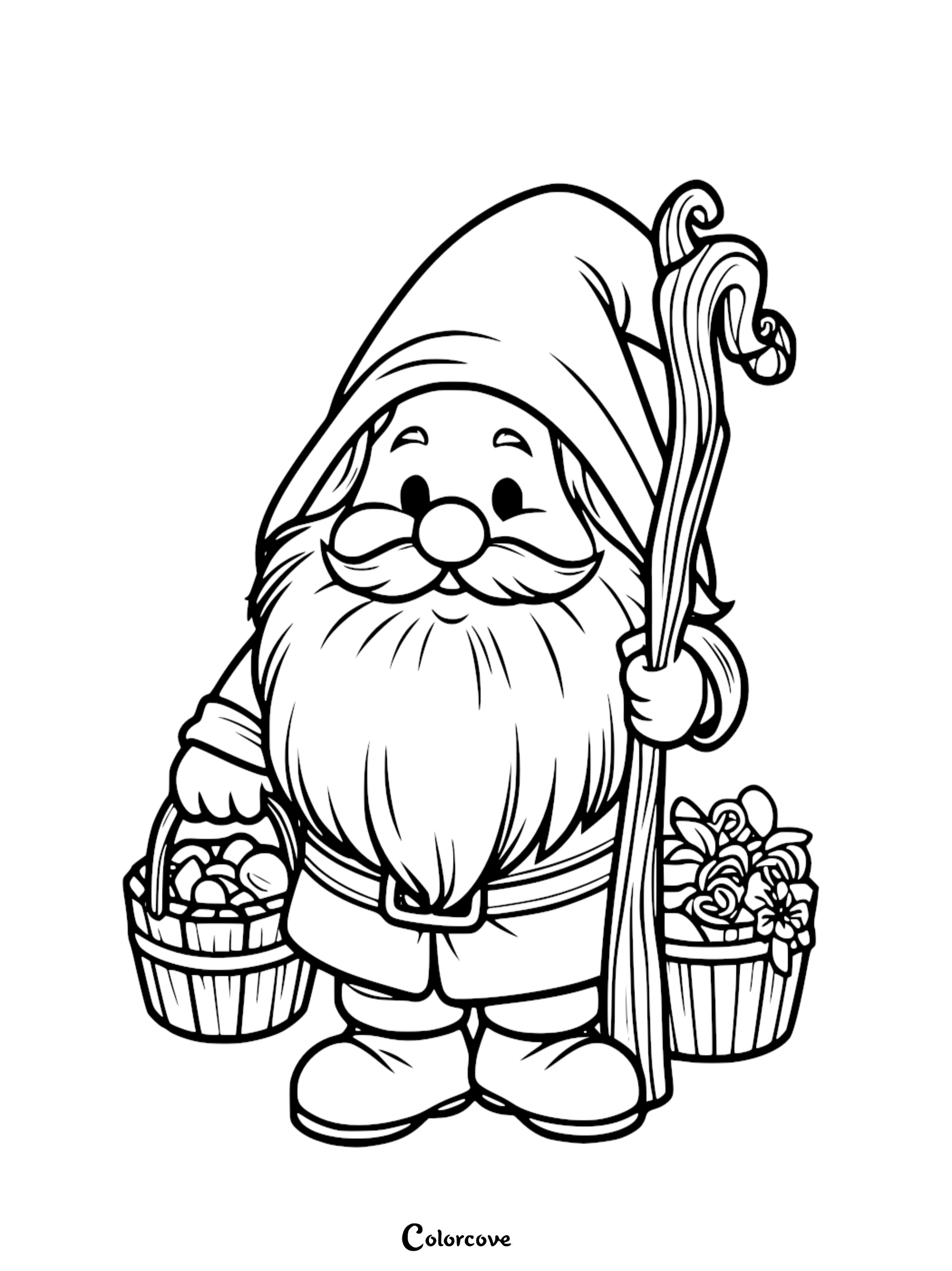 Coloring page featuring a cute gnome with a long beard holding a staff and carrying baskets of fruits and flowers.
