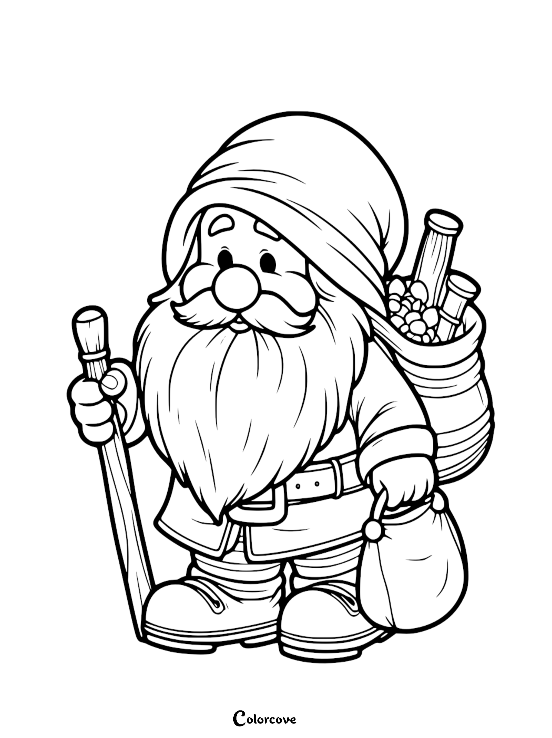 Coloring page of a bearded gnome holding a walking stick and bag, with a backpack full of supplies. Suitable for kids.