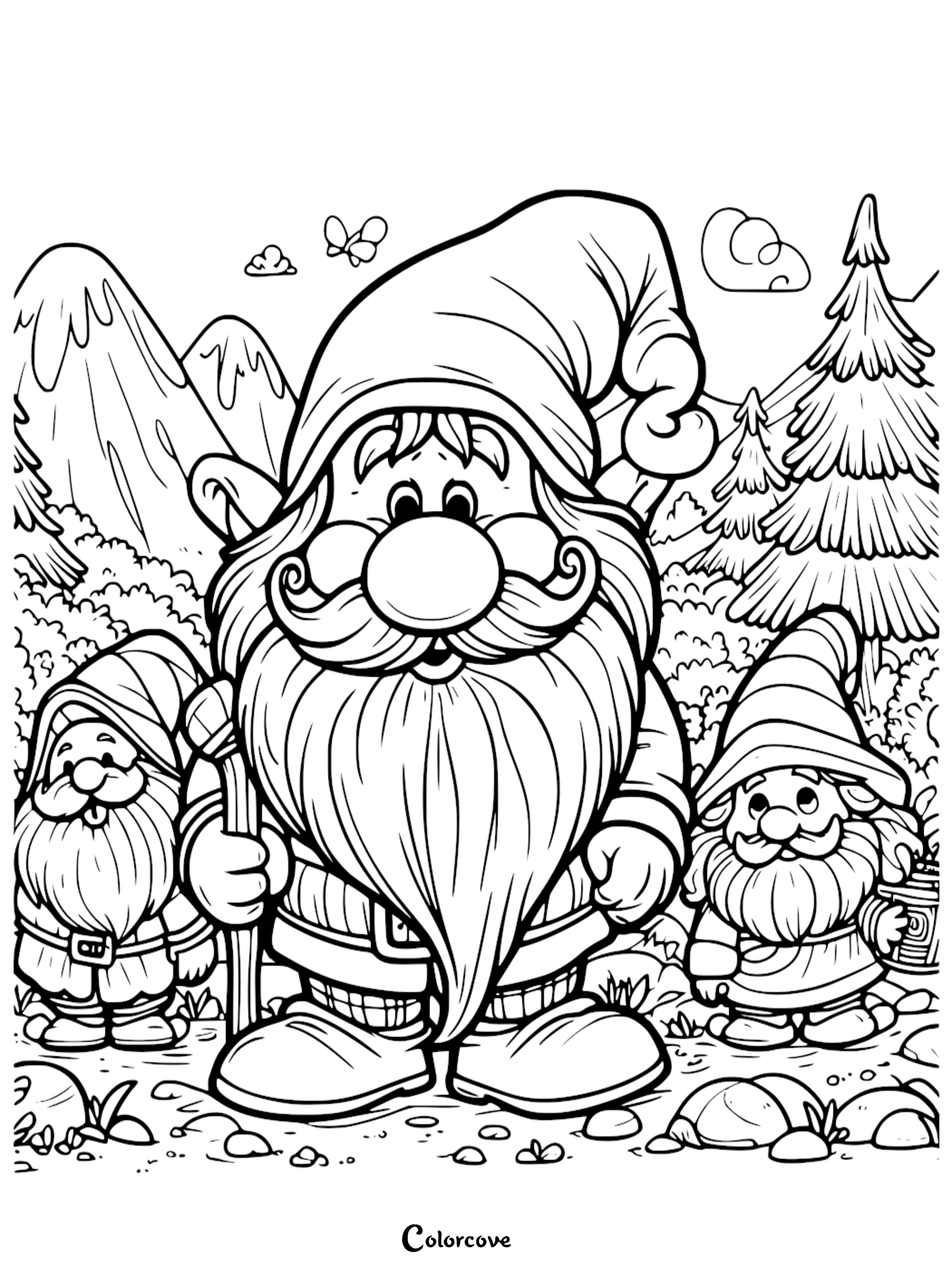 Three cheerful gnomes in a forest clearing, ready to be colored. Features mountains, trees, and a butterfly.