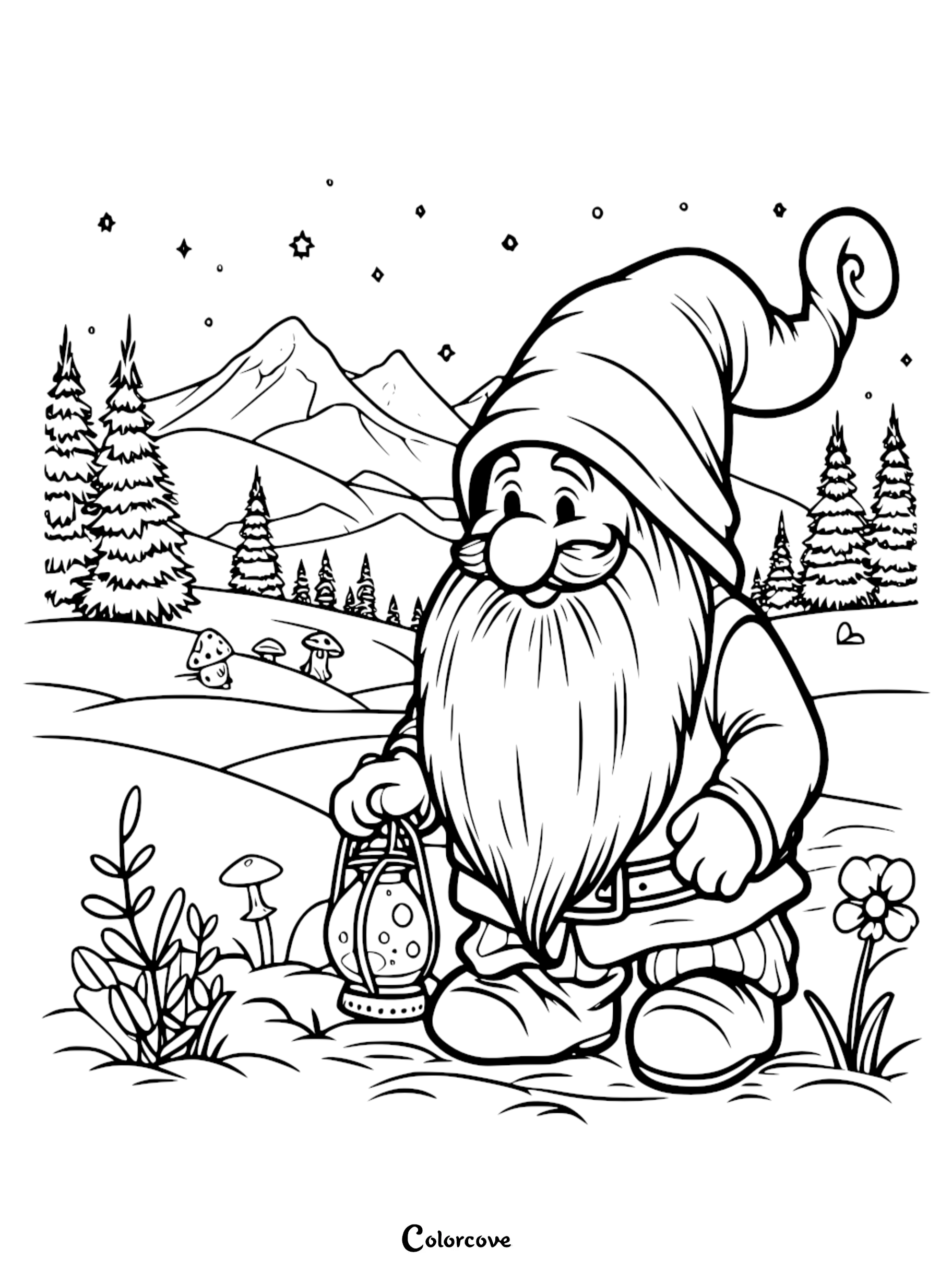 Printable gnome coloring page with lantern, pine trees, mountains, mushrooms, and stars in the background for kids.
