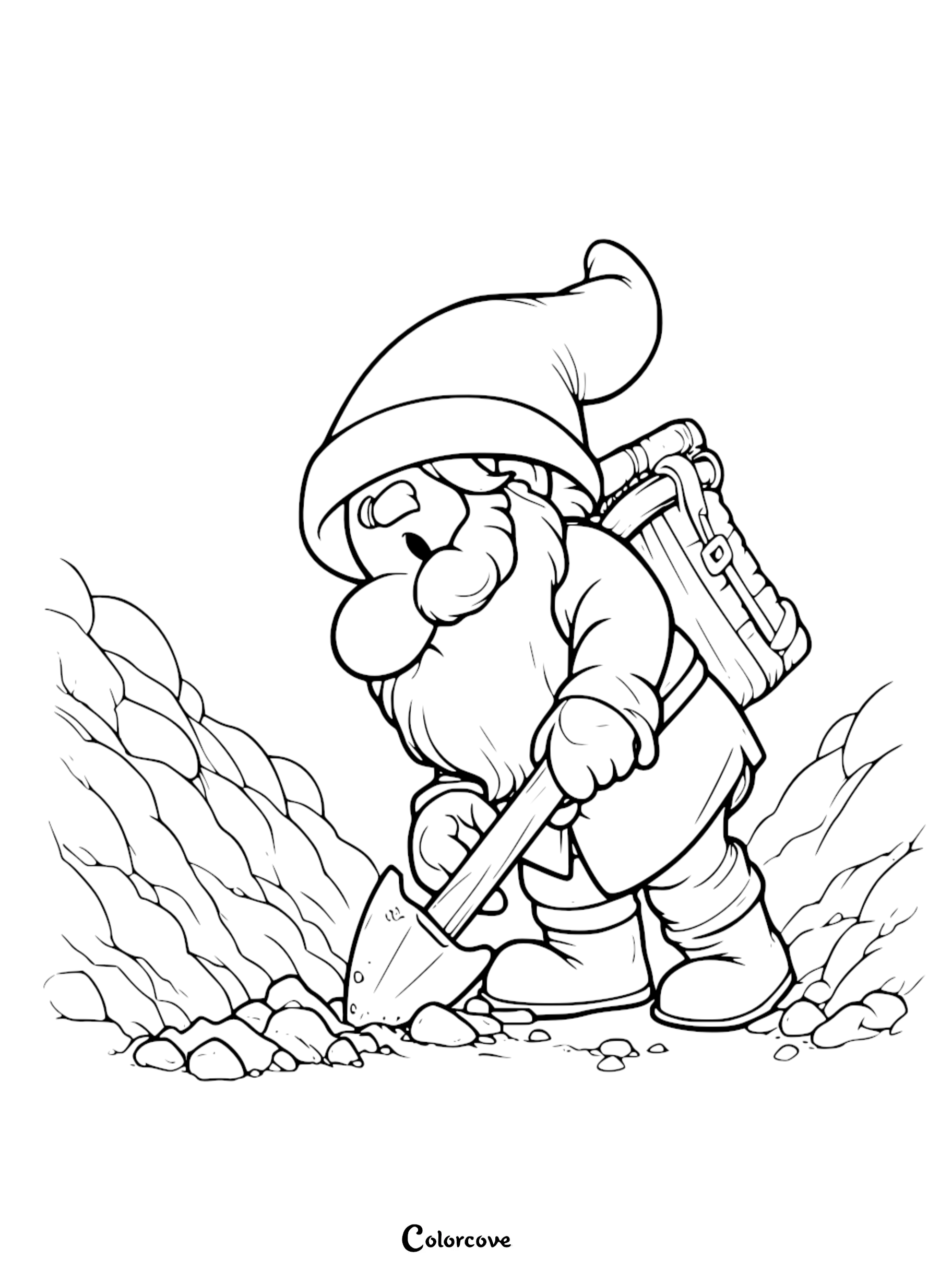 Gnome digging with a shovel coloring page. Printable gnome coloring sheet for kids and adults. Cute gnome artwork.