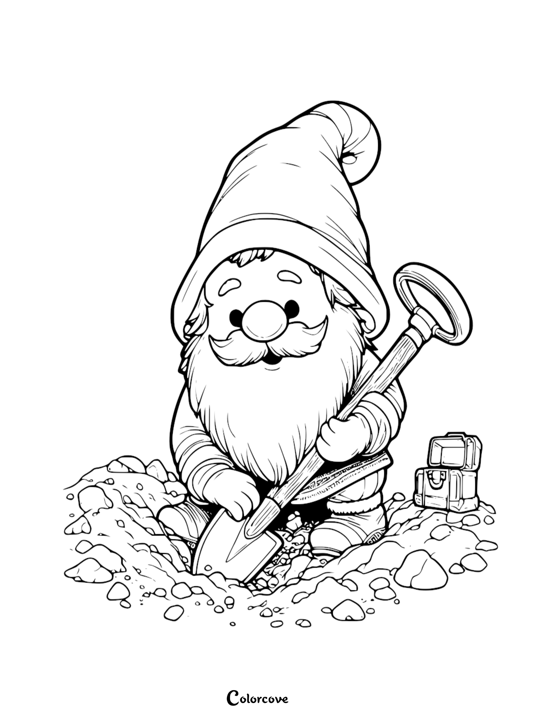 Coloring page featuring a gnome with a shovel, digging with a treasure chest nearby. Perfect for kids and adults to color.